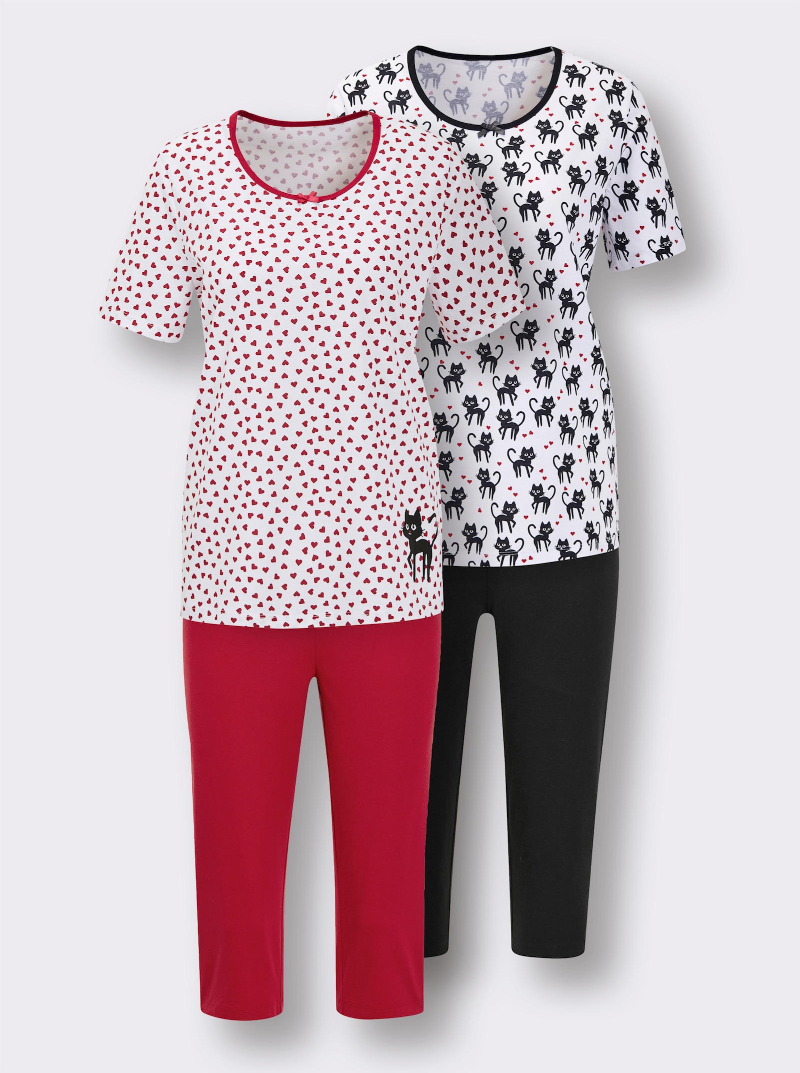 wäschepur Capri-Schlafanzüge mit Katzenmotiven - weiß-schwarz-bedruckt + weiß-rot-bedruckt