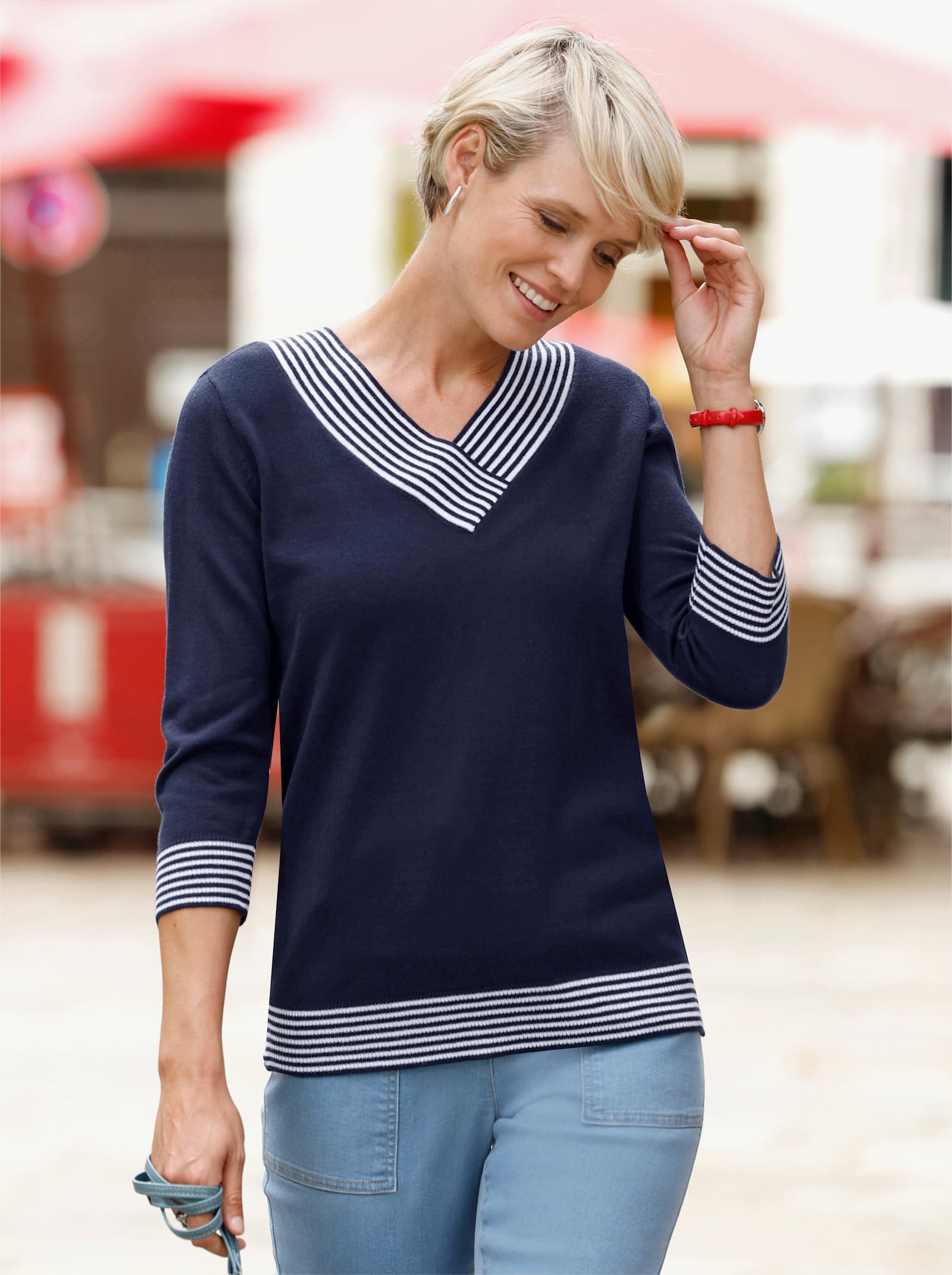 3/4 Arm-Pullover mit V-Ausschnitt - marine-weiß