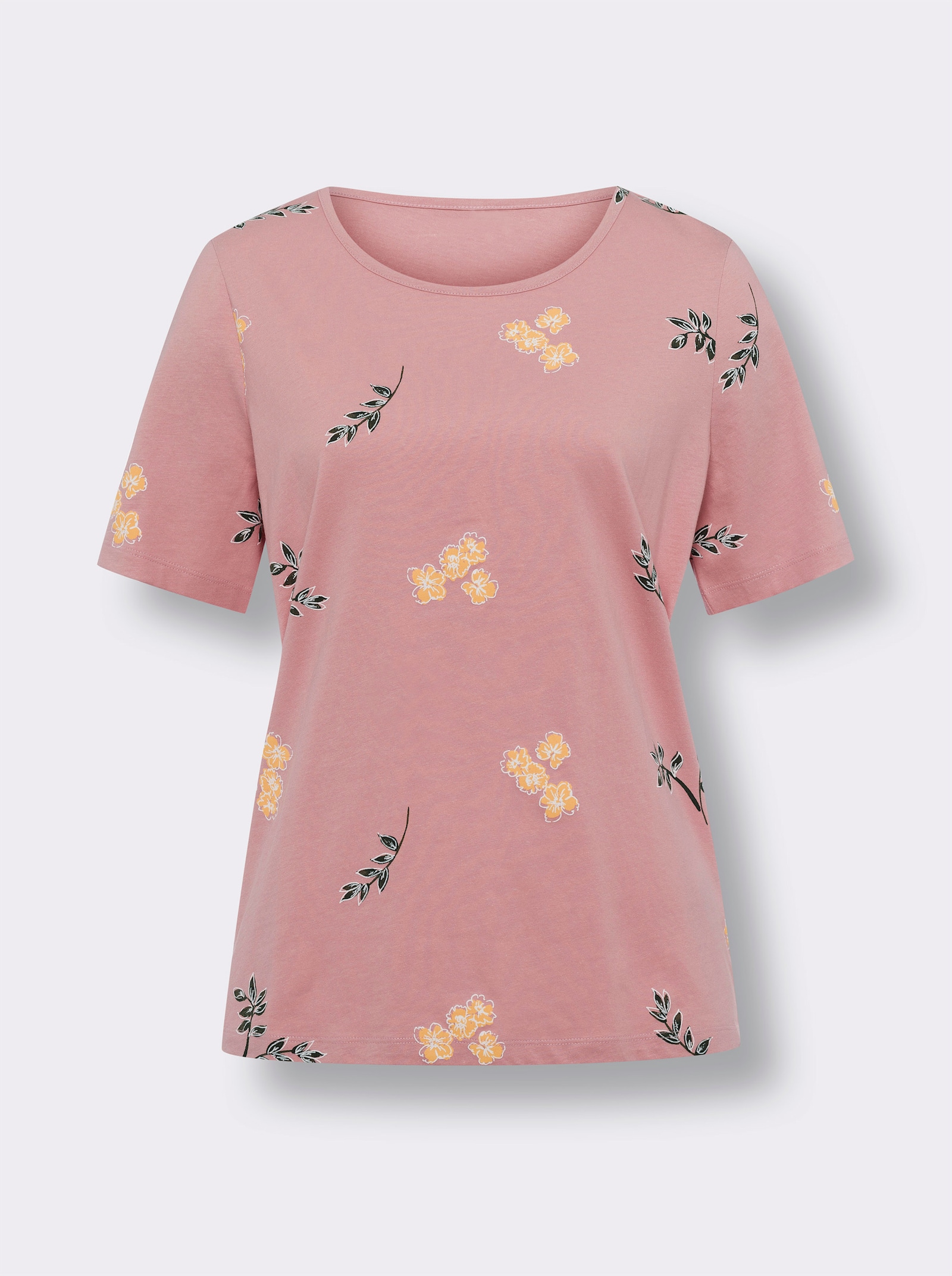 Tričko, krátke rukávy, potlač kvety-listy - Ruženínovo-biela potlač