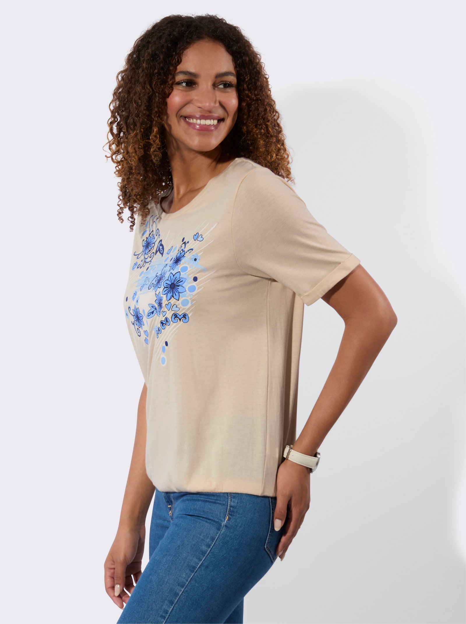 Kurzarmshirt - elfenbein-royalblau-bedruckt