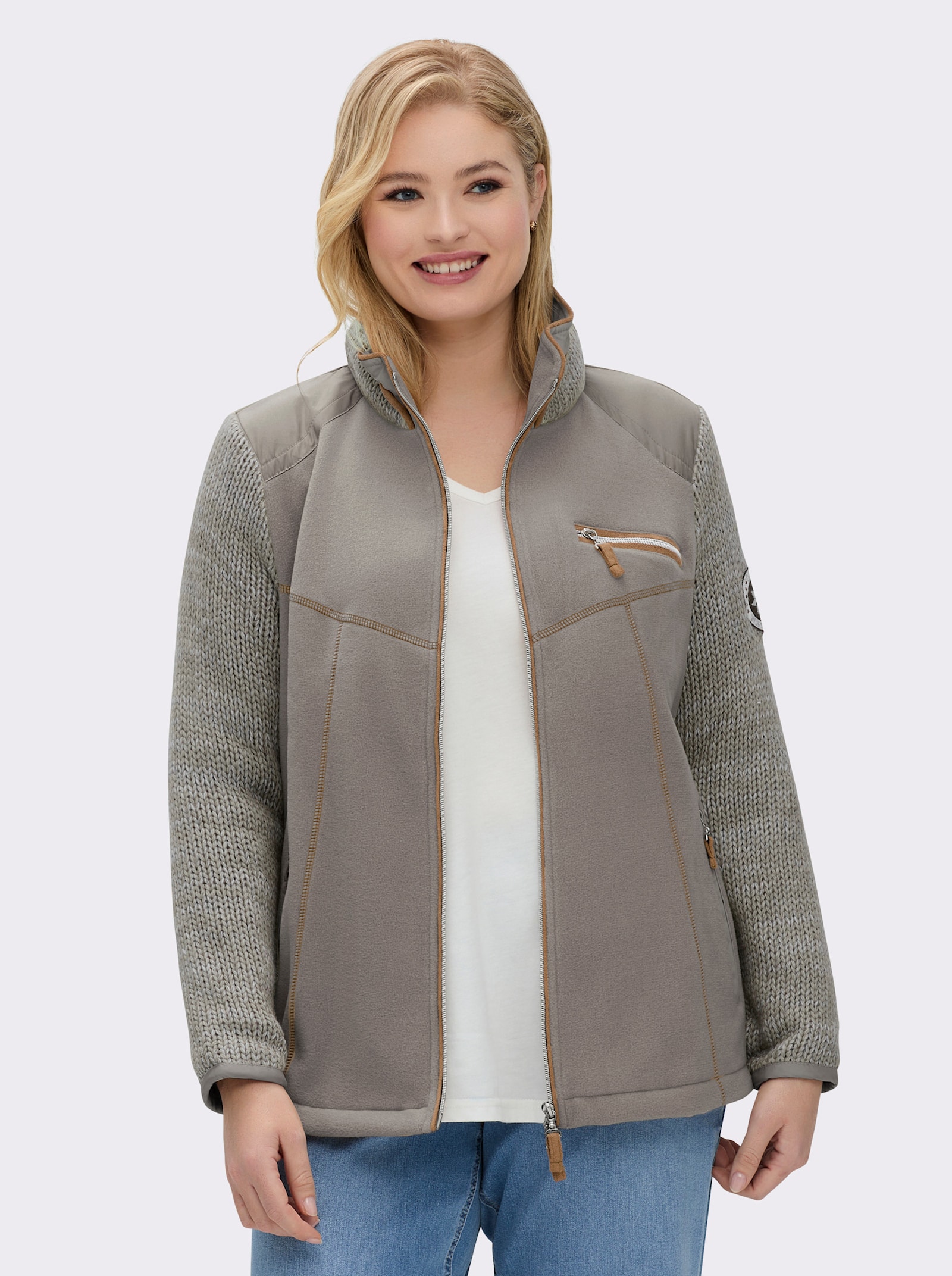 Fleecejacke im Mix aus Fleece und Strick - taupe-ecru-meliert