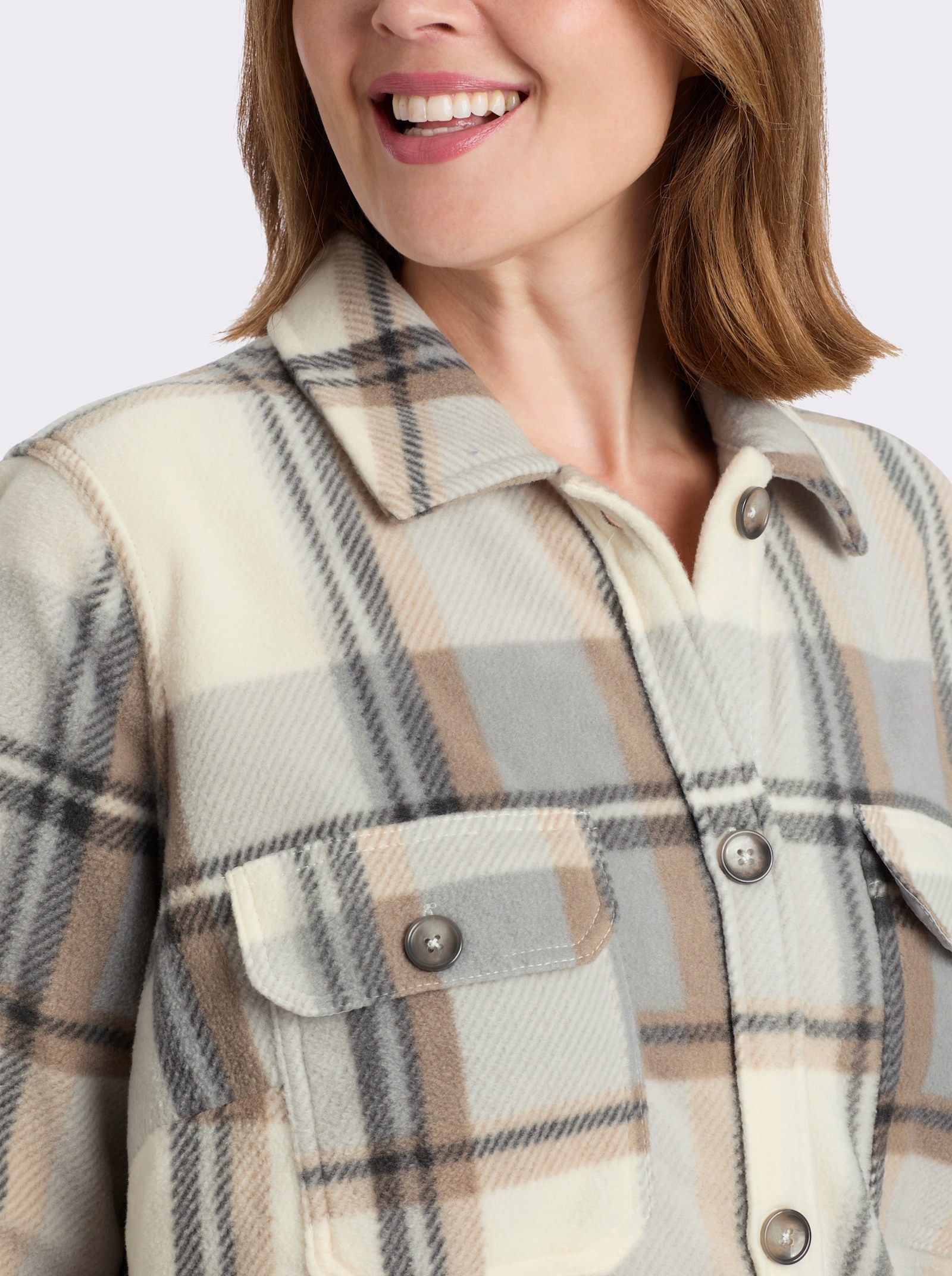 Fleecejacke mit Knöpfen in Horn-Optik - champagner-steingrau-kariert
