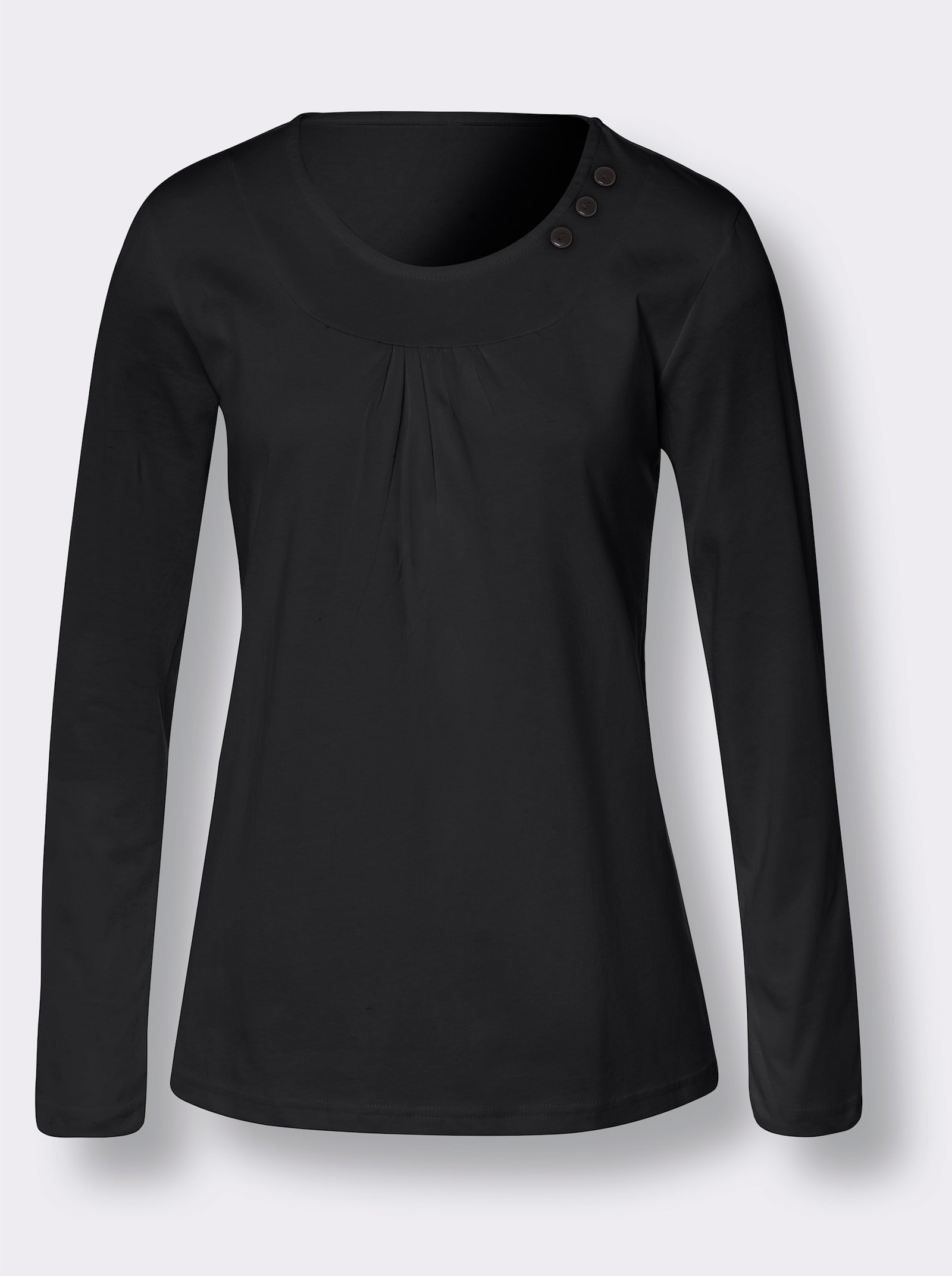 Rundhalsshirt mit Zierknöpfen - schwarz