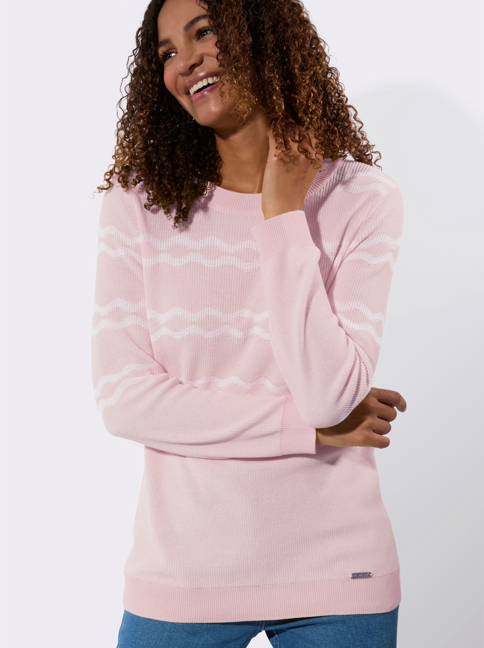 Rundhalspullover mit Rauten-Jacquard-Muster - hellrosé-meliert