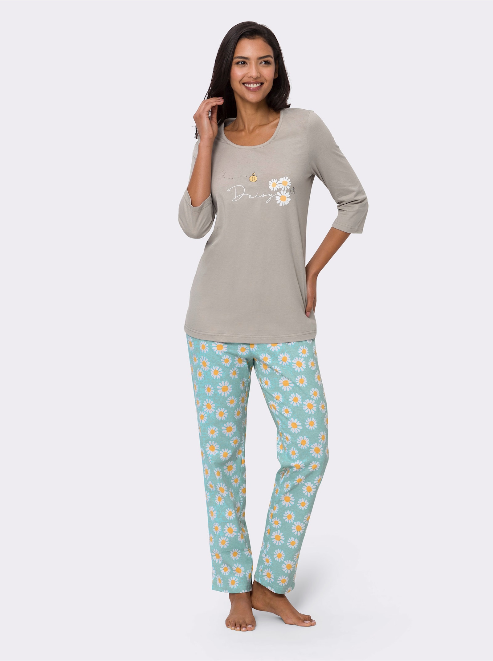 Pyjama met bloemdetails - lichtgrijs/mint