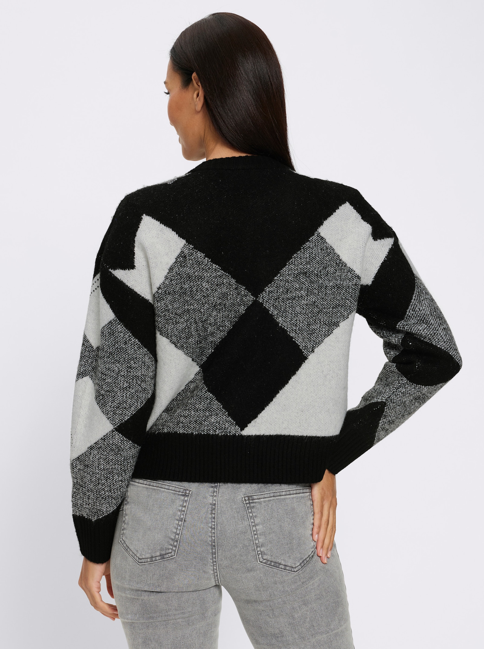 heine Jacquardstrickjacke mit Ziersteinchen - schwarz-ecru-gemustert