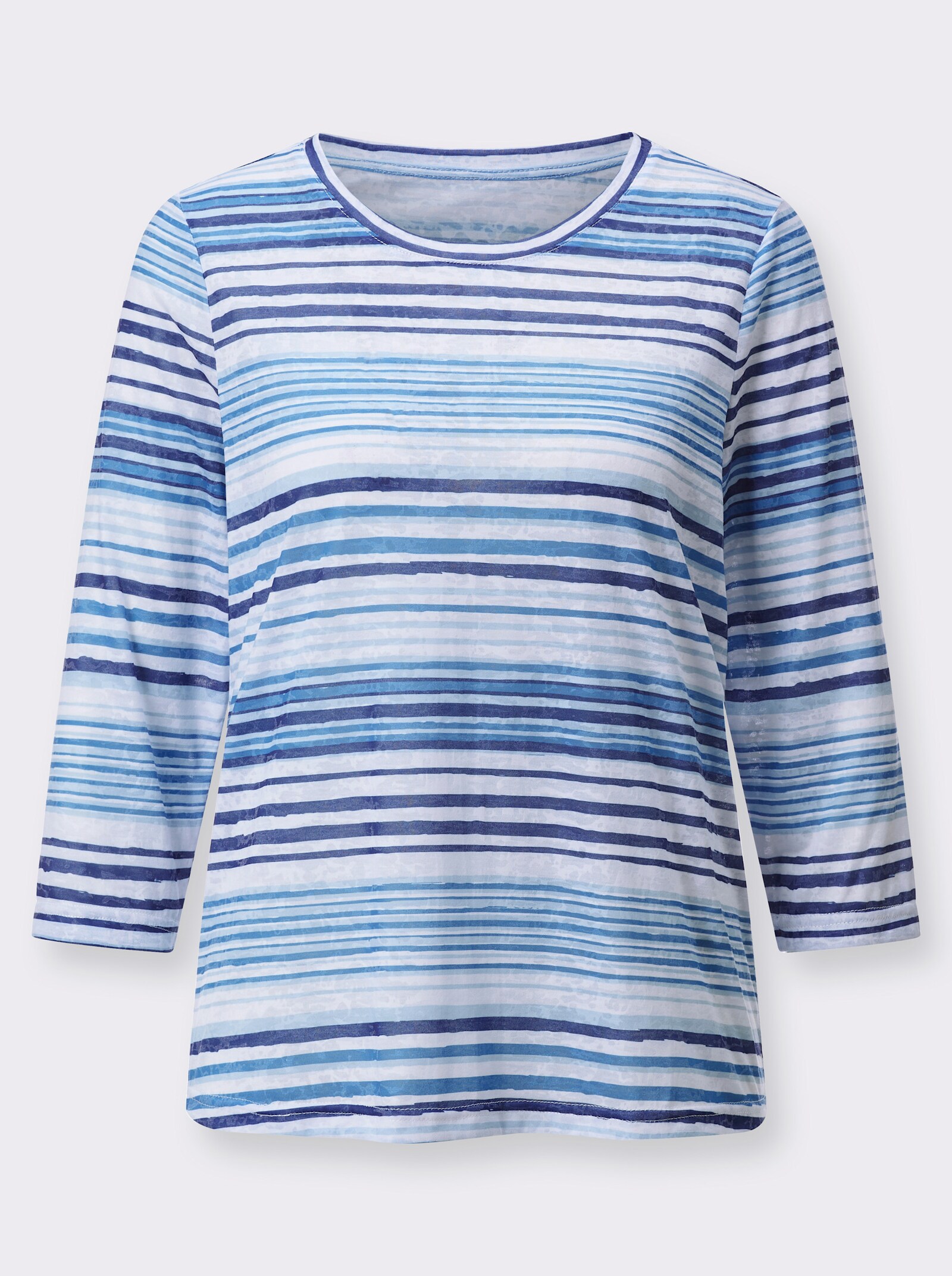 Ringelshirt mit leicht transparenten Partien - mittelblau-ecru-bedruckt