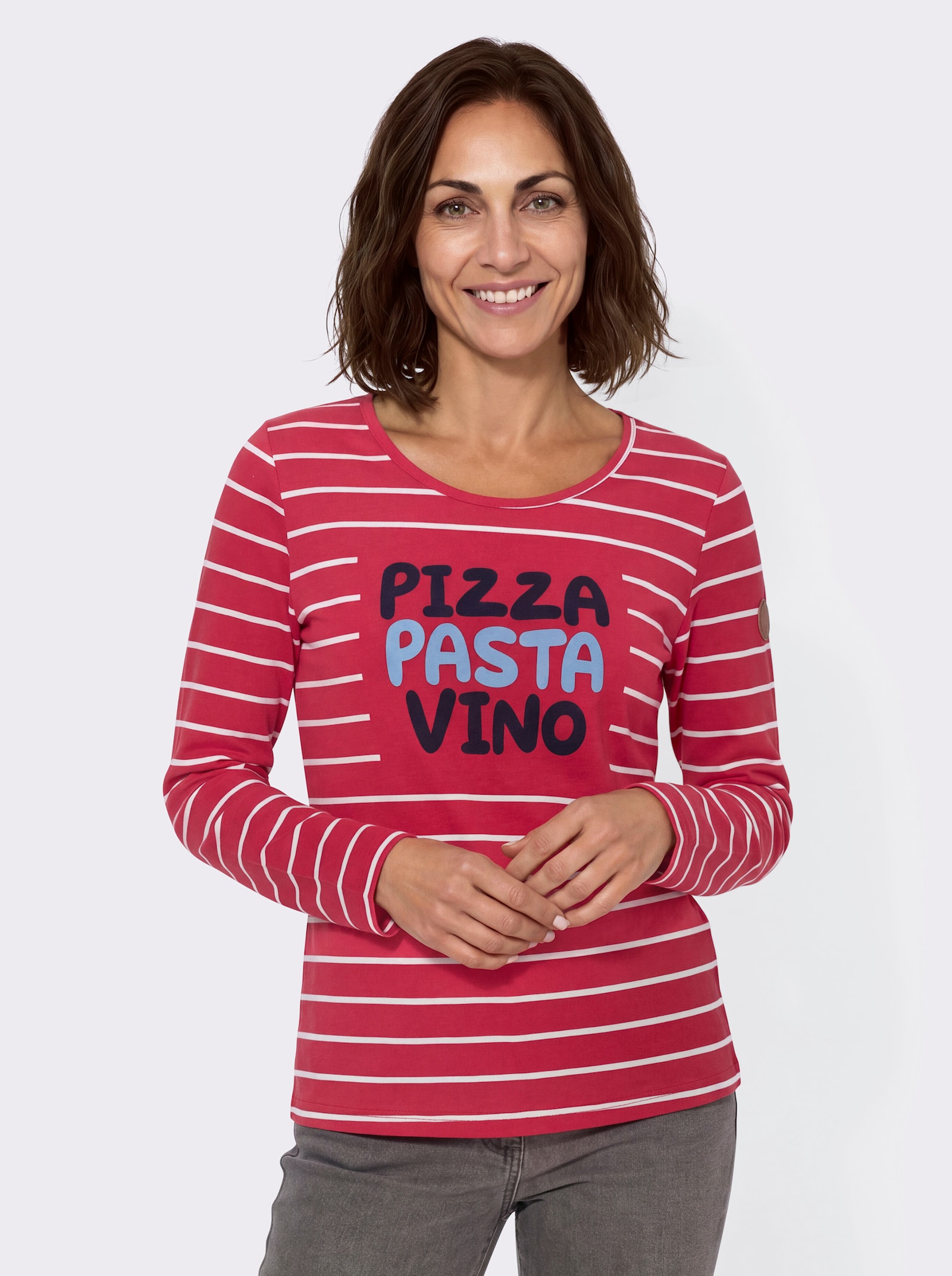 Ringelshirt mit Frontdruck - erdbeere-weiß-geringelt