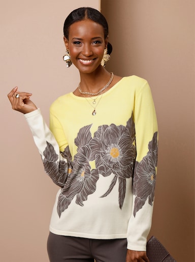 Feinstrickpullover mit Blüten-Dessin - dunkeltaupe-champagner-bedruckt