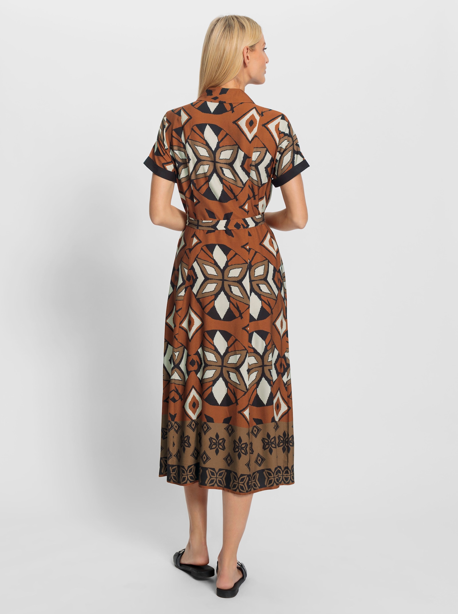 heine Overhemdjurk met bindceintuur - cognac/zwart bedrukt
