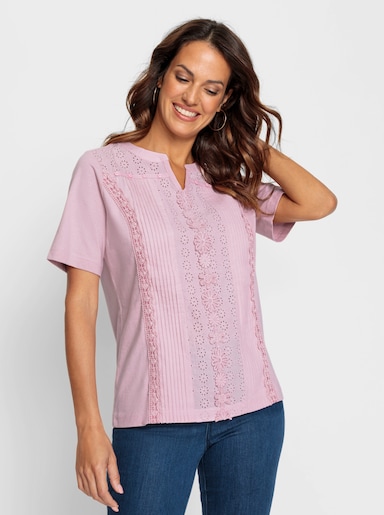 Kurzarmshirt mit Madeira-Spitze - rosé