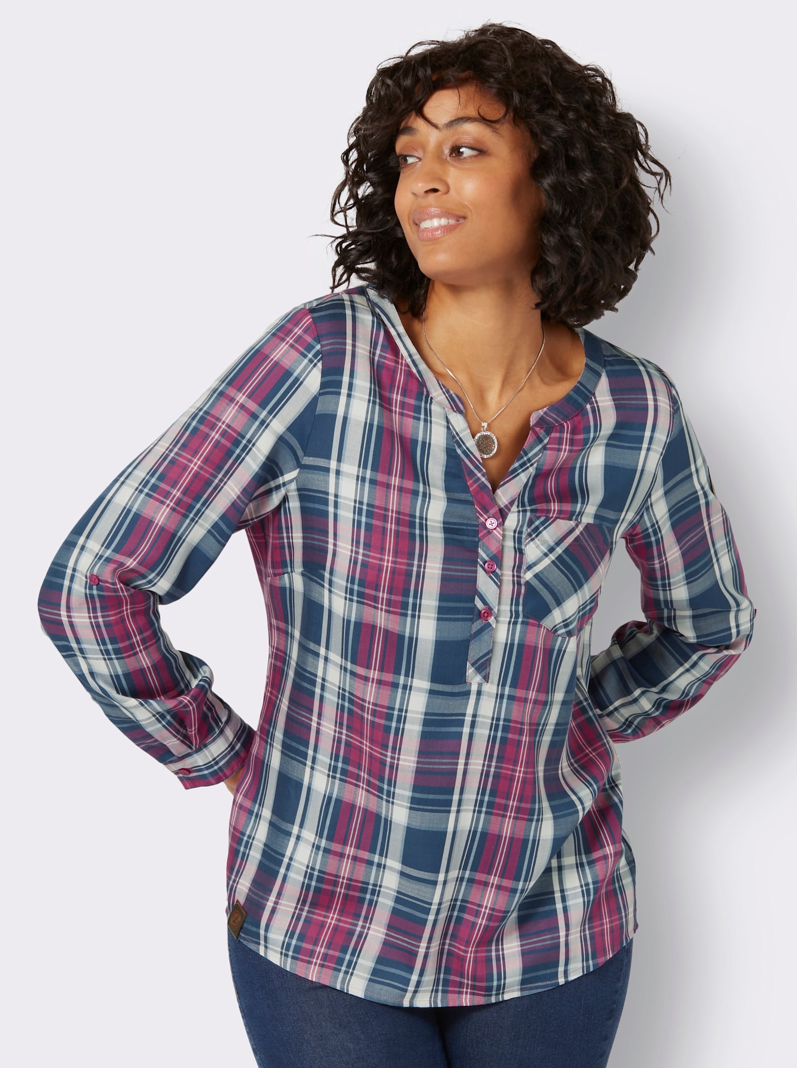 Karobluse mit Brusttasche - jeansblau-fuchsia-kariert