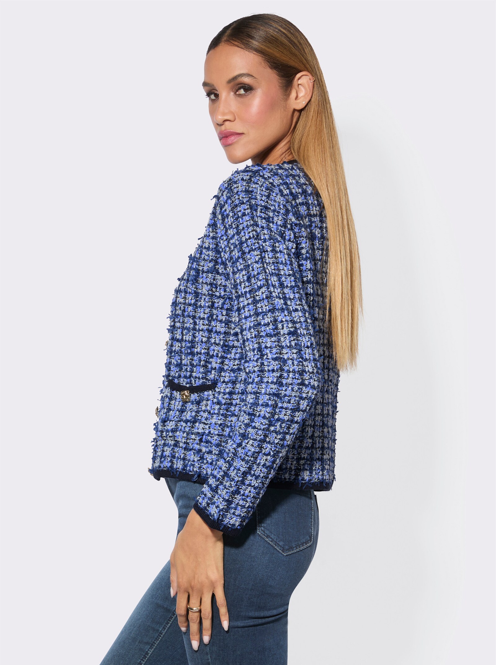 Cardigan in Bouclé-Optik - royalblau-weiß-gemustert
