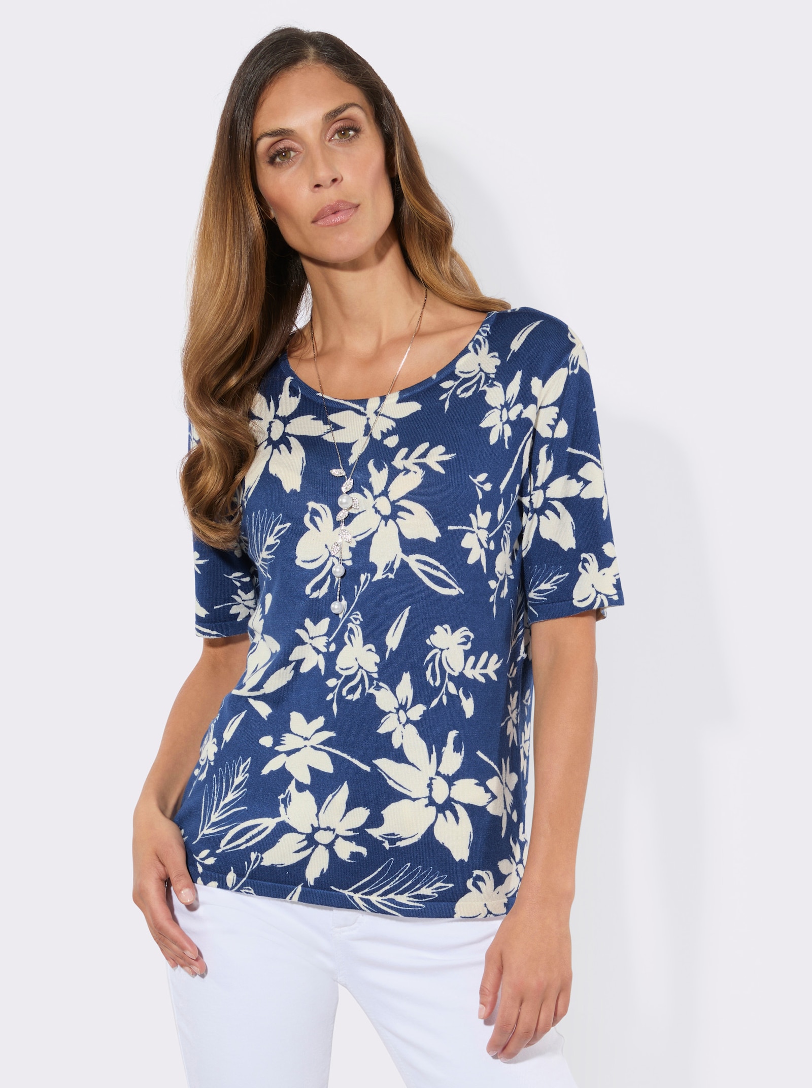 Kurzarmpullover mit floralem Druck - champagner-royalblau-bedruckt