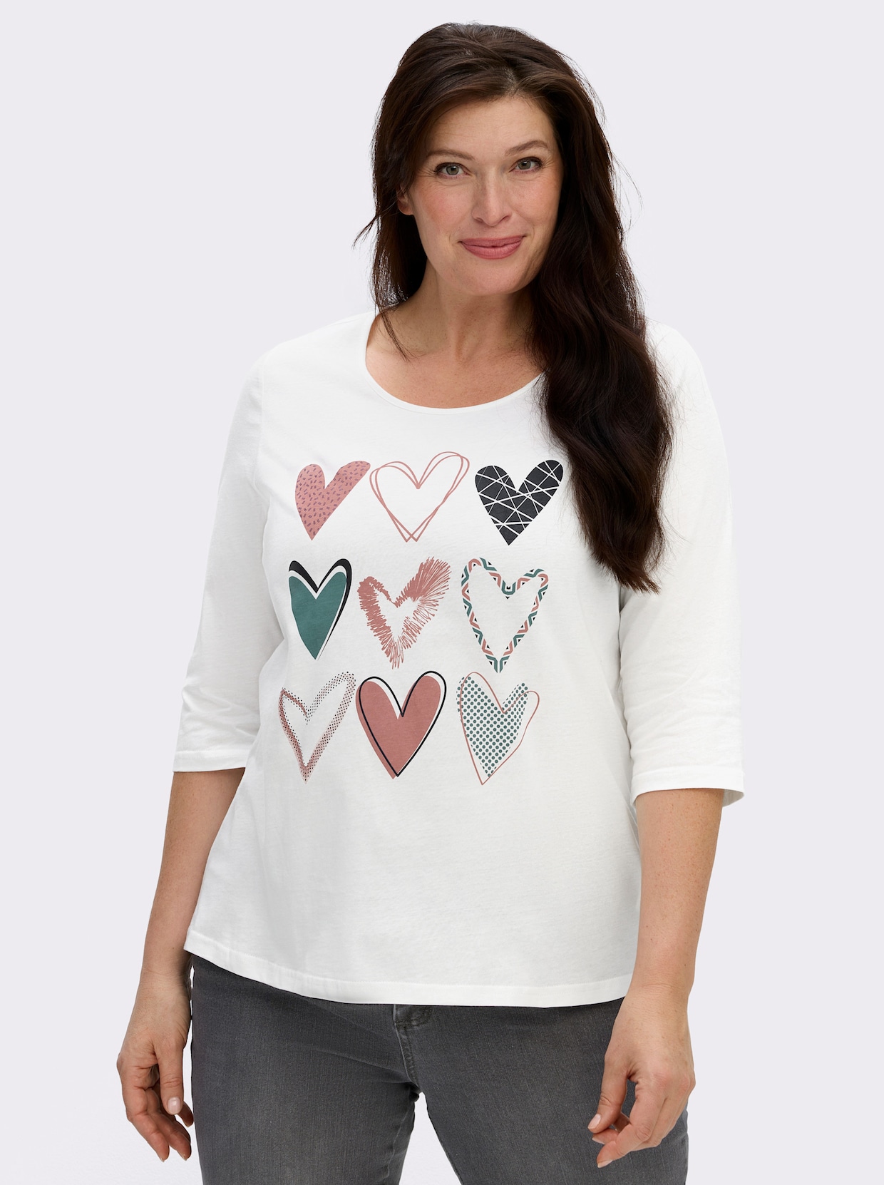 3/4-Arm-Shirt mit platziertem Herzmuster - ecru-marine