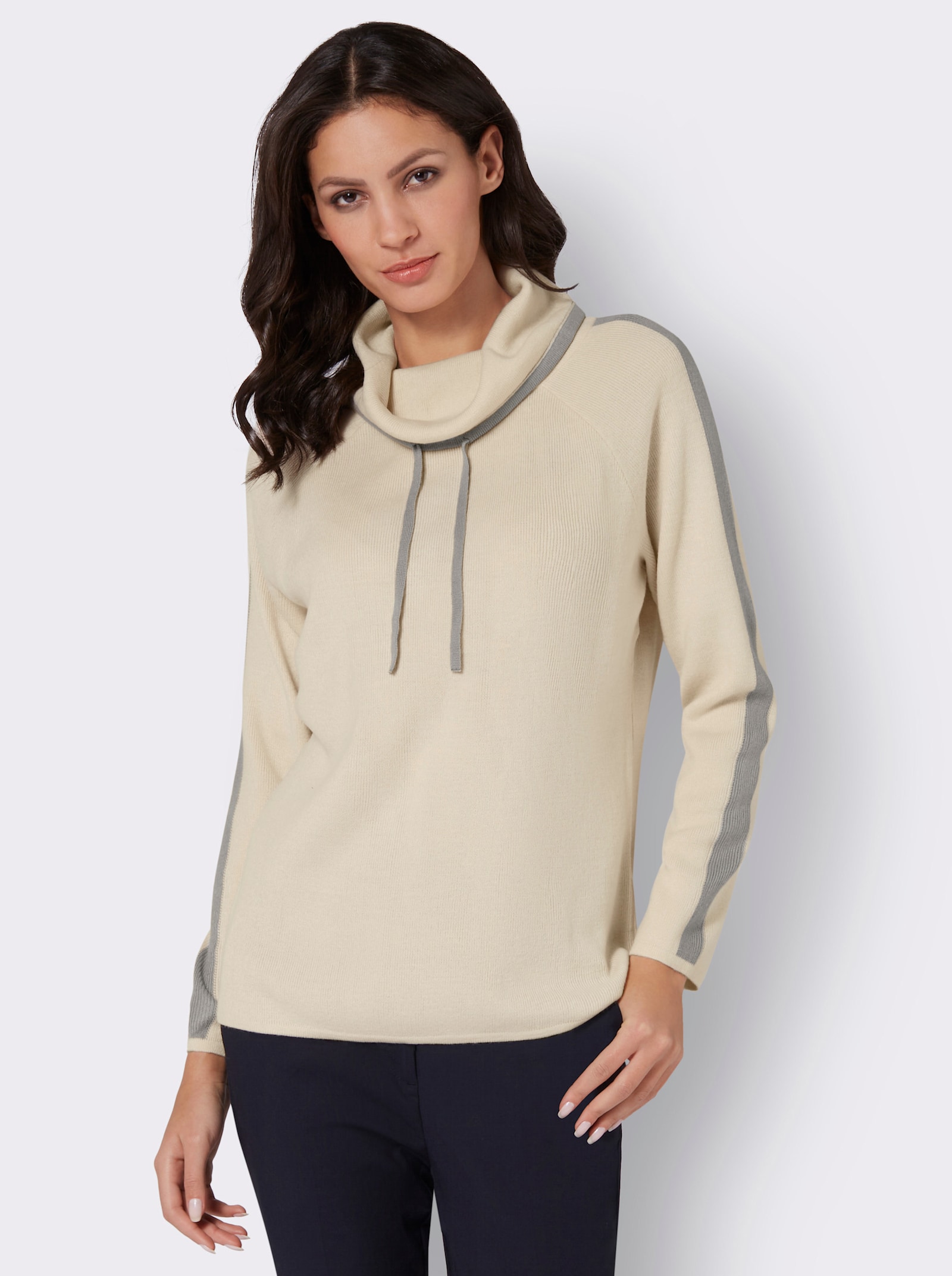 Rollkragenpullover mit Kontraststreifen - elfenbein-steingrau