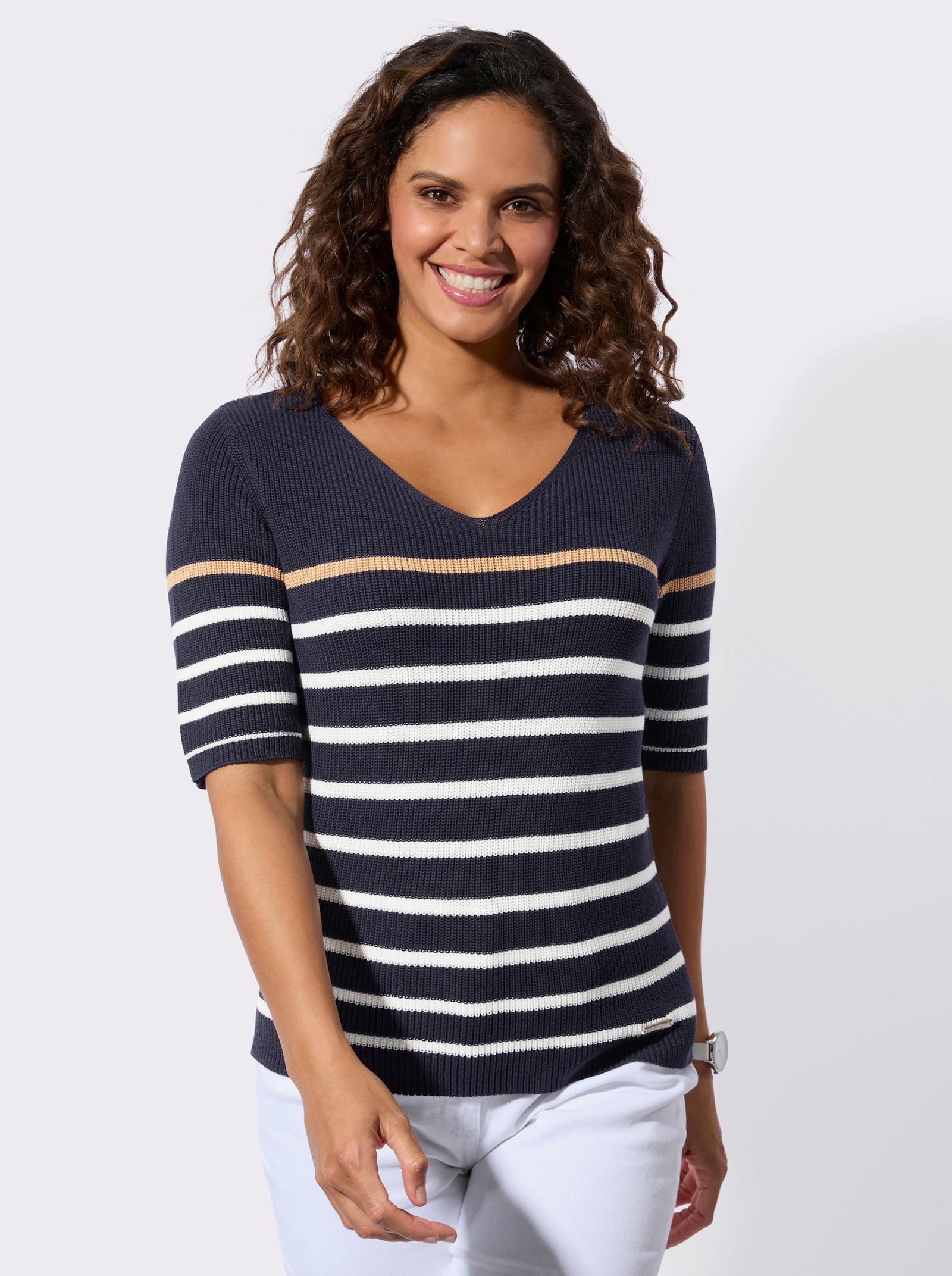 Kurzarmpullover im Baumwoll-Viskose-Mix - marine-ecru-geringelt