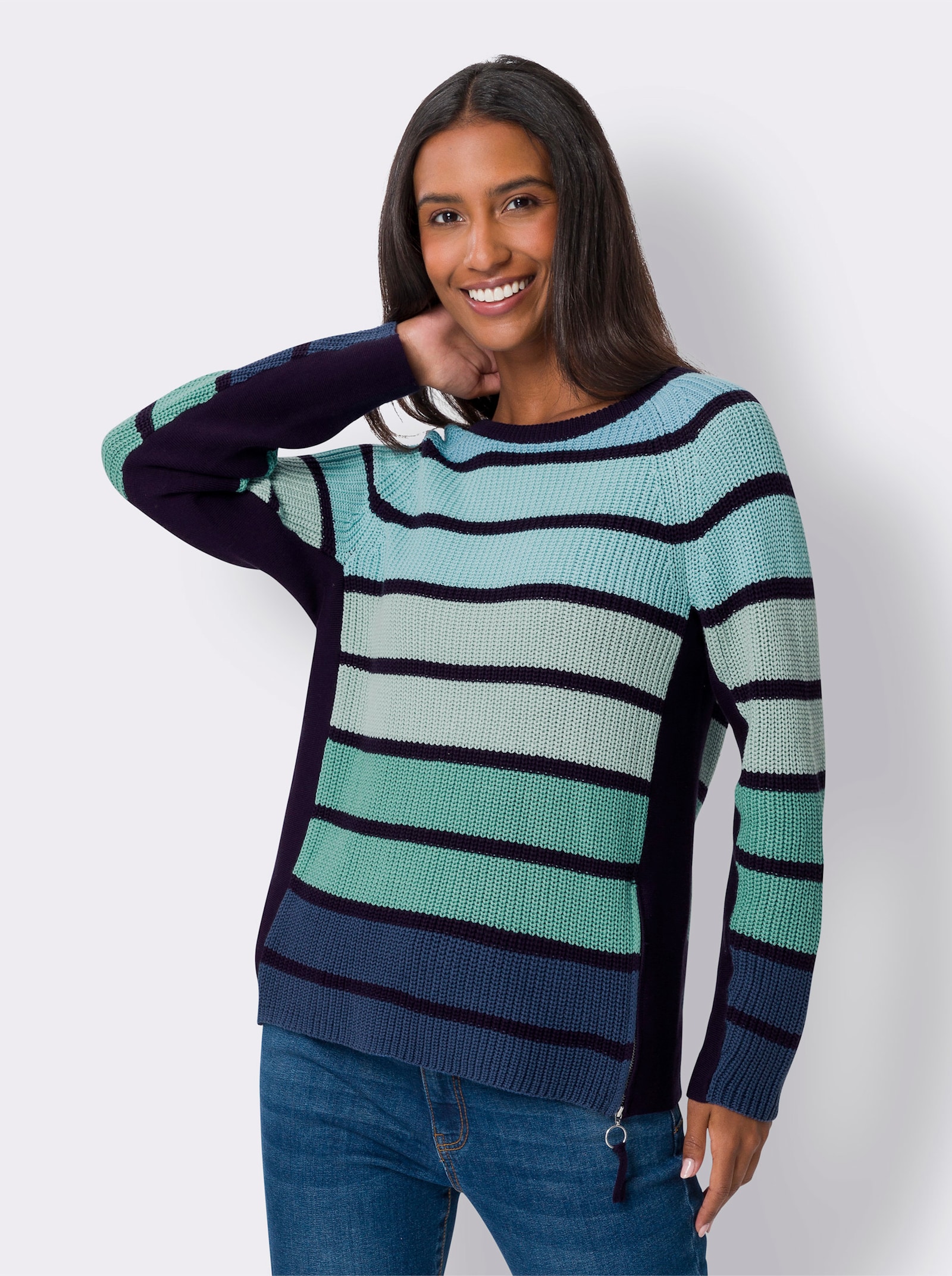 heine Streifenpullover im Patentstrick - salbei-marine-geringelt