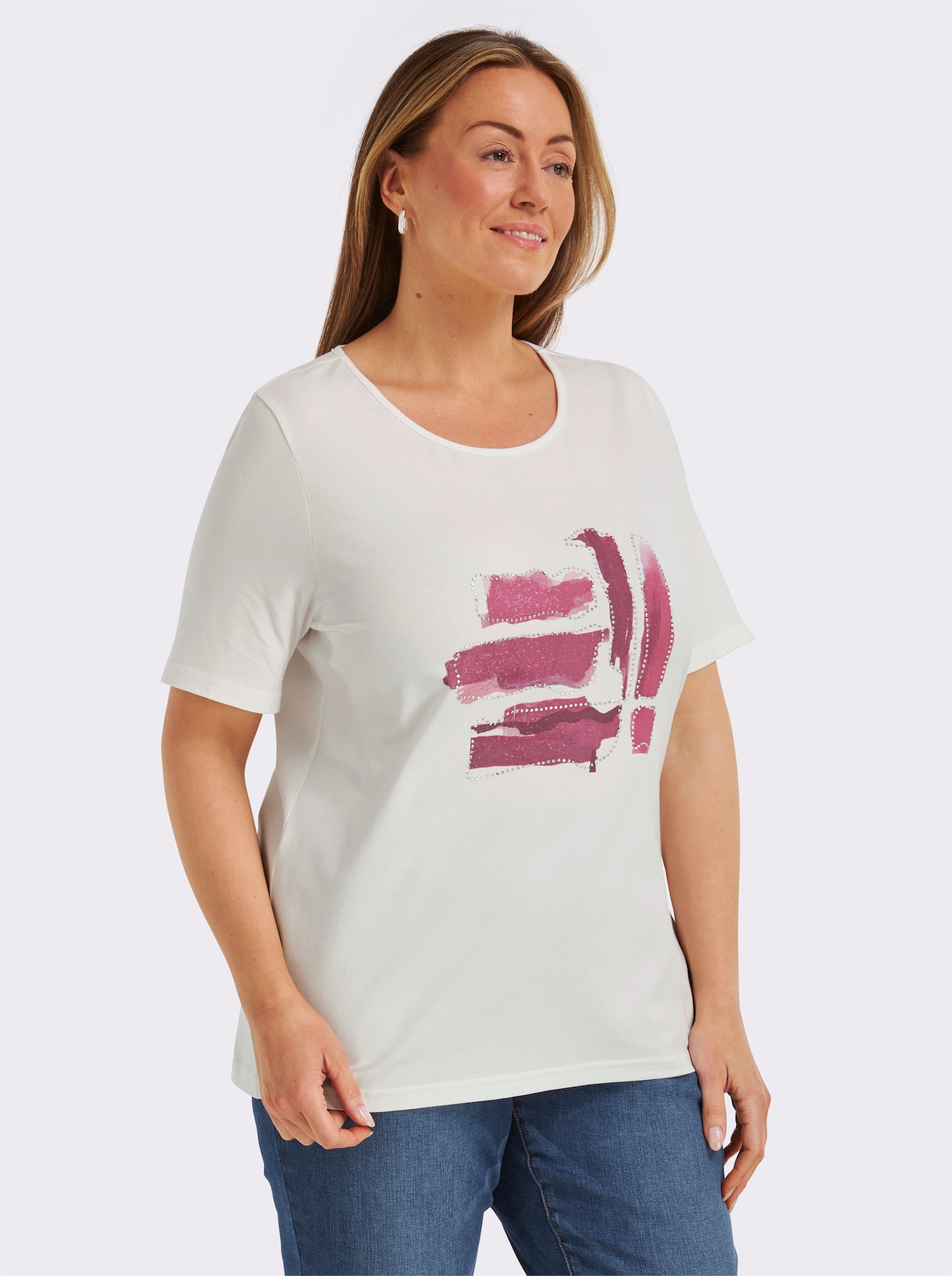 Kurzarmshirt mit Glitzersteinchen - ecru-fuchsia-bedruckt