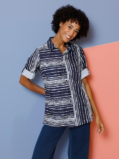 Longbluse mit Seitenschlitzen - marine-ecru-bedruckt