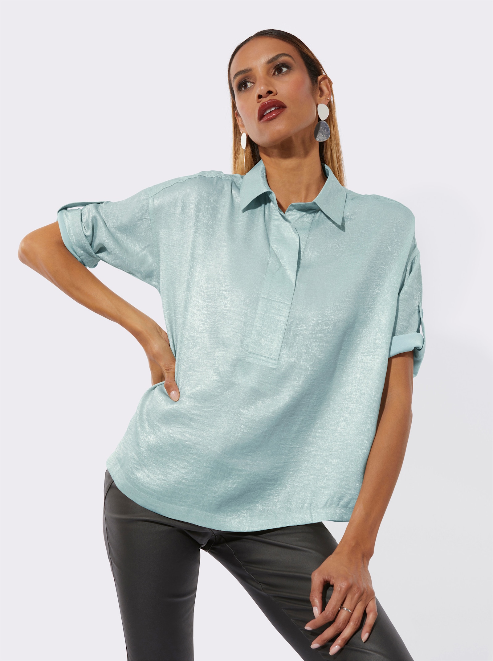 Hemdbluse in glänzender Qualität - kalkmint-silberfarben
