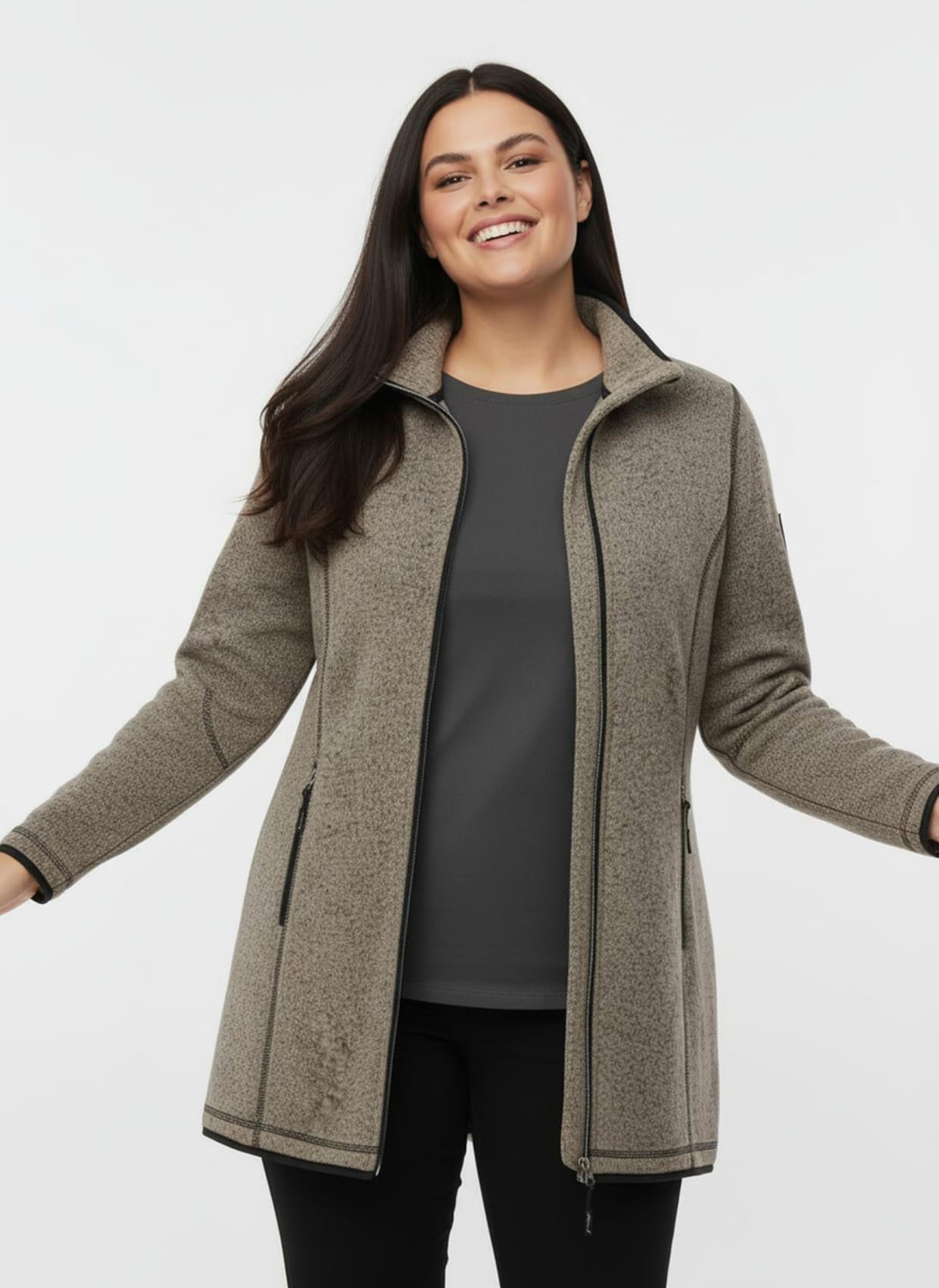 Strickfleecejacke in Longform - sesam-schwarz-gemustert