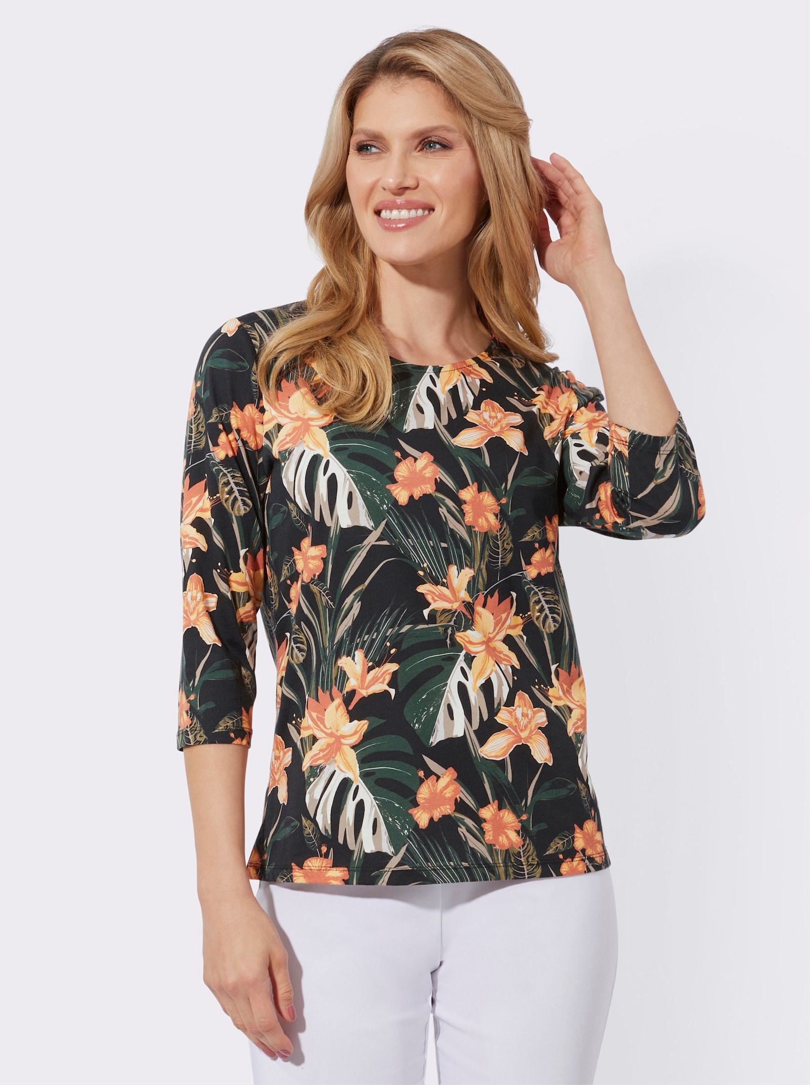 Shirt met 3/4-mouwen en bloemenpatroon - zwart/geel geprint