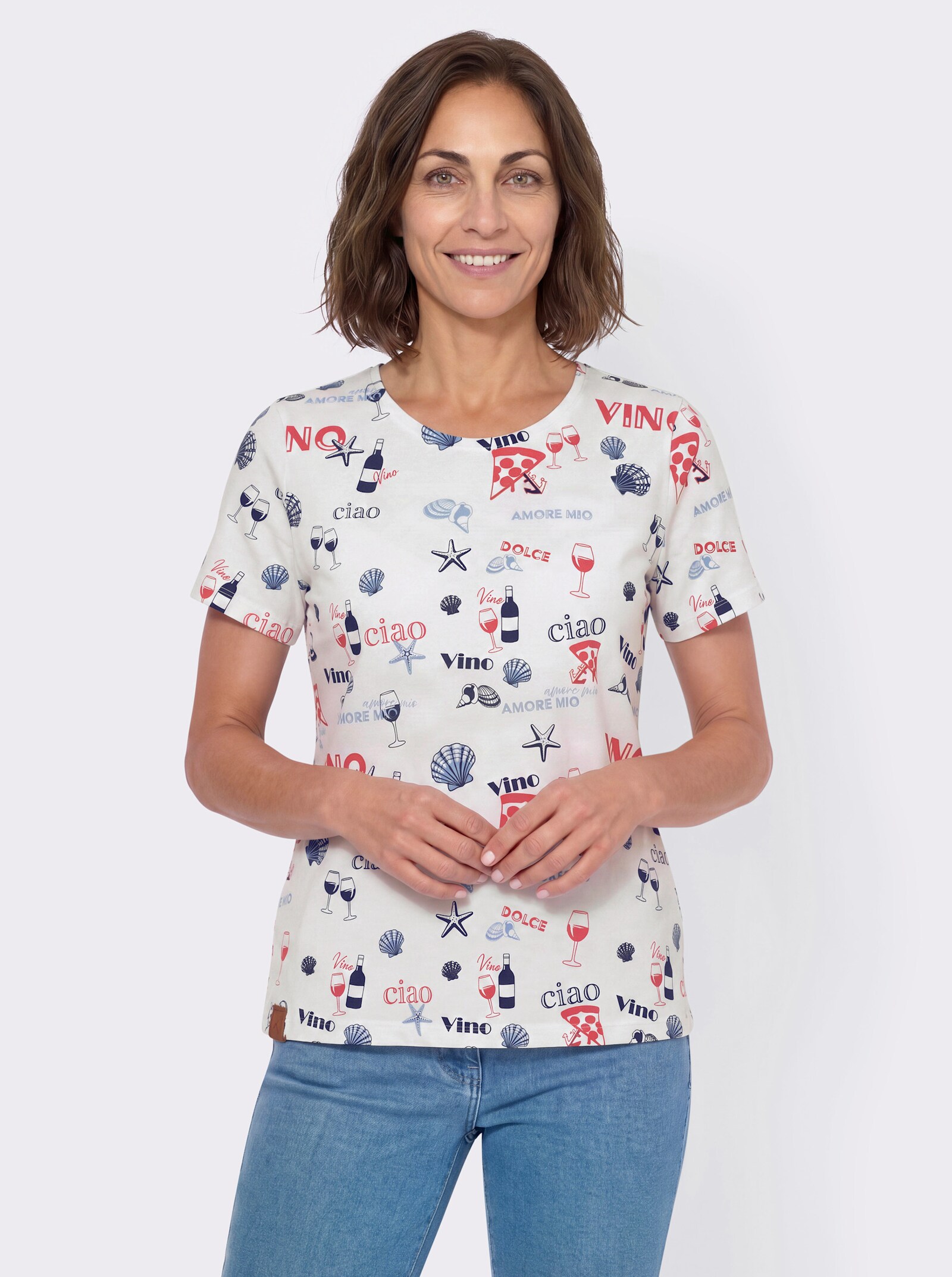 Print-Shirt aus reiner Baumwolle - weiß-erdbeere-bedruckt
