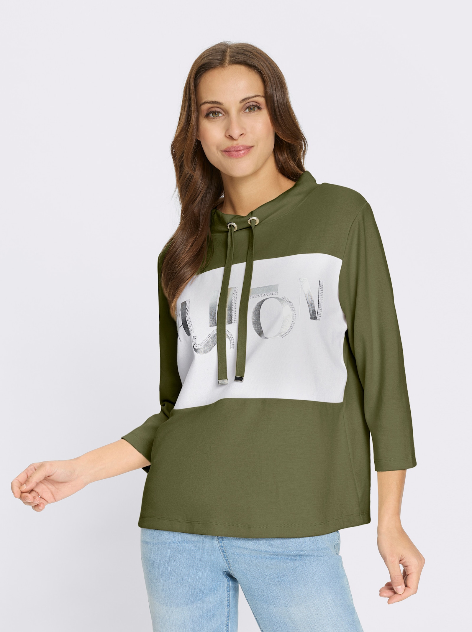 Sweatshirt mit Folienprint-Schriftzug - oliv-weiß-geringelt