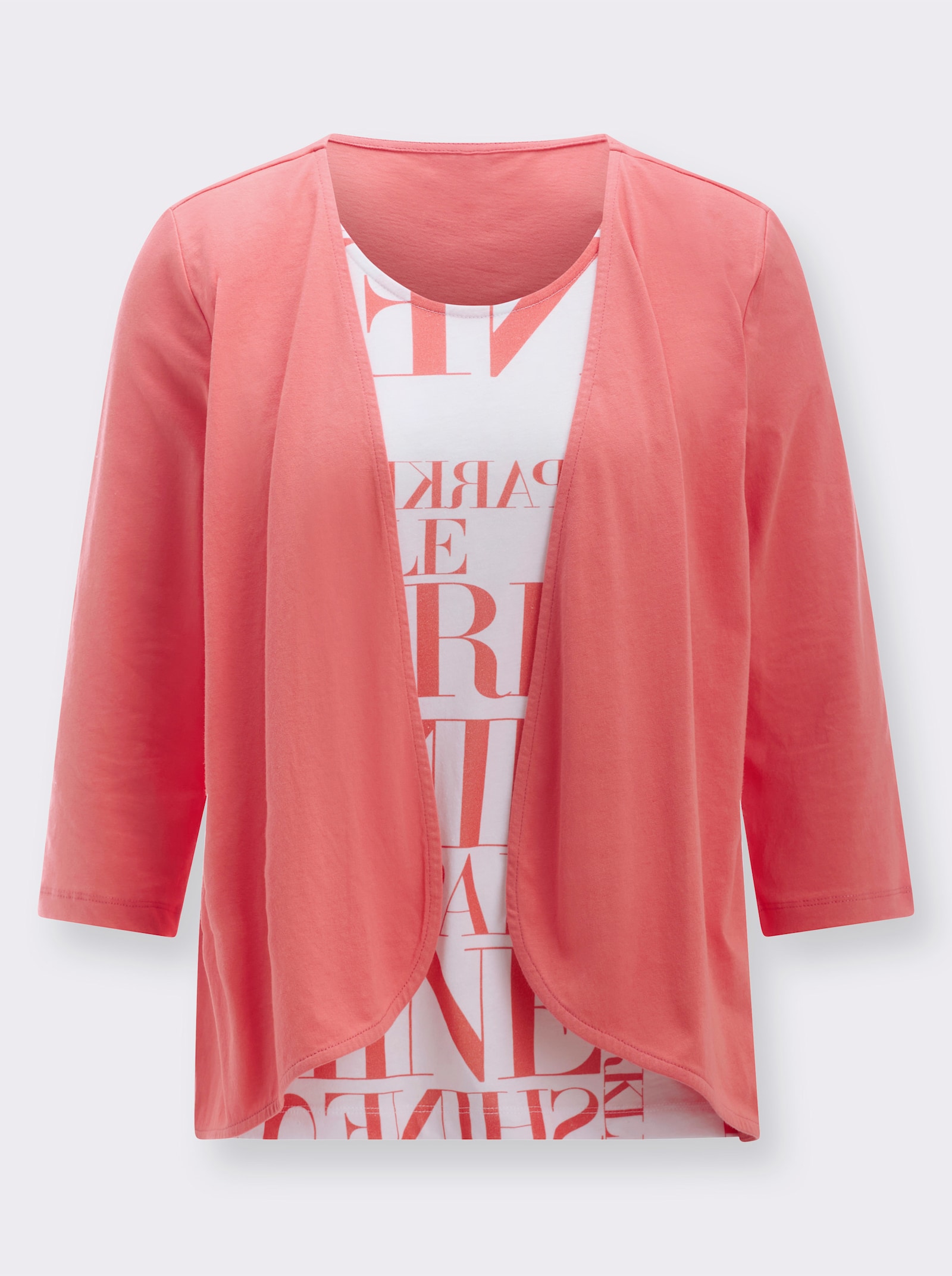 Tričko 2 v 1 s 3/4 rukávy - korálová-bílá