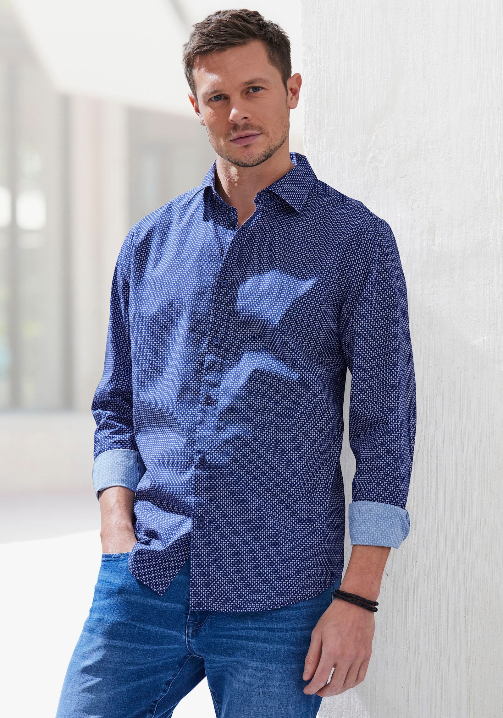 H.I.S Langarmhemd - navy-bedruckt