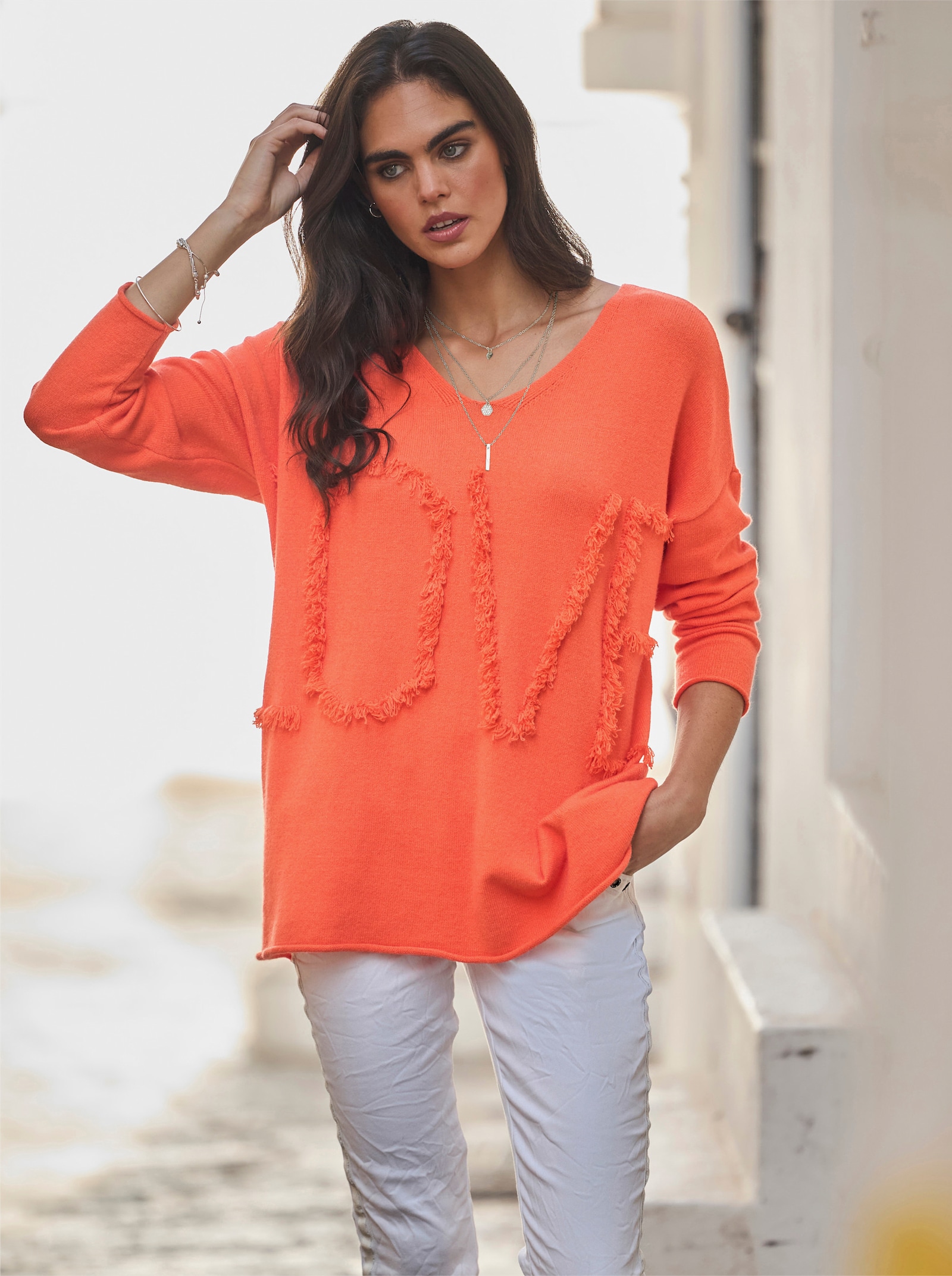 heine Oversize-Pullover mit Fransen - orange