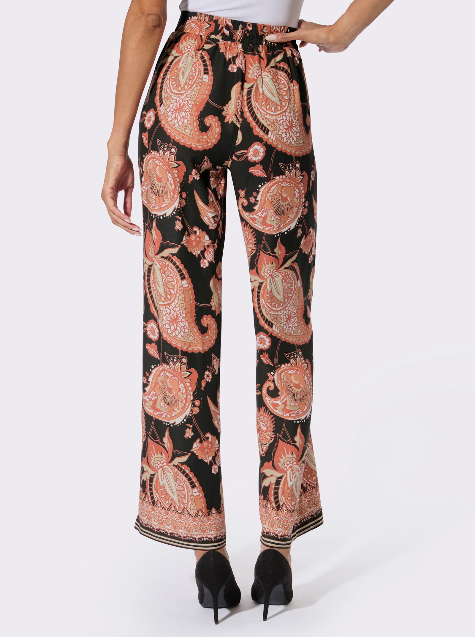 Druckhose mit zwei Nahttaschen - schwarz-papaya-bedruckt