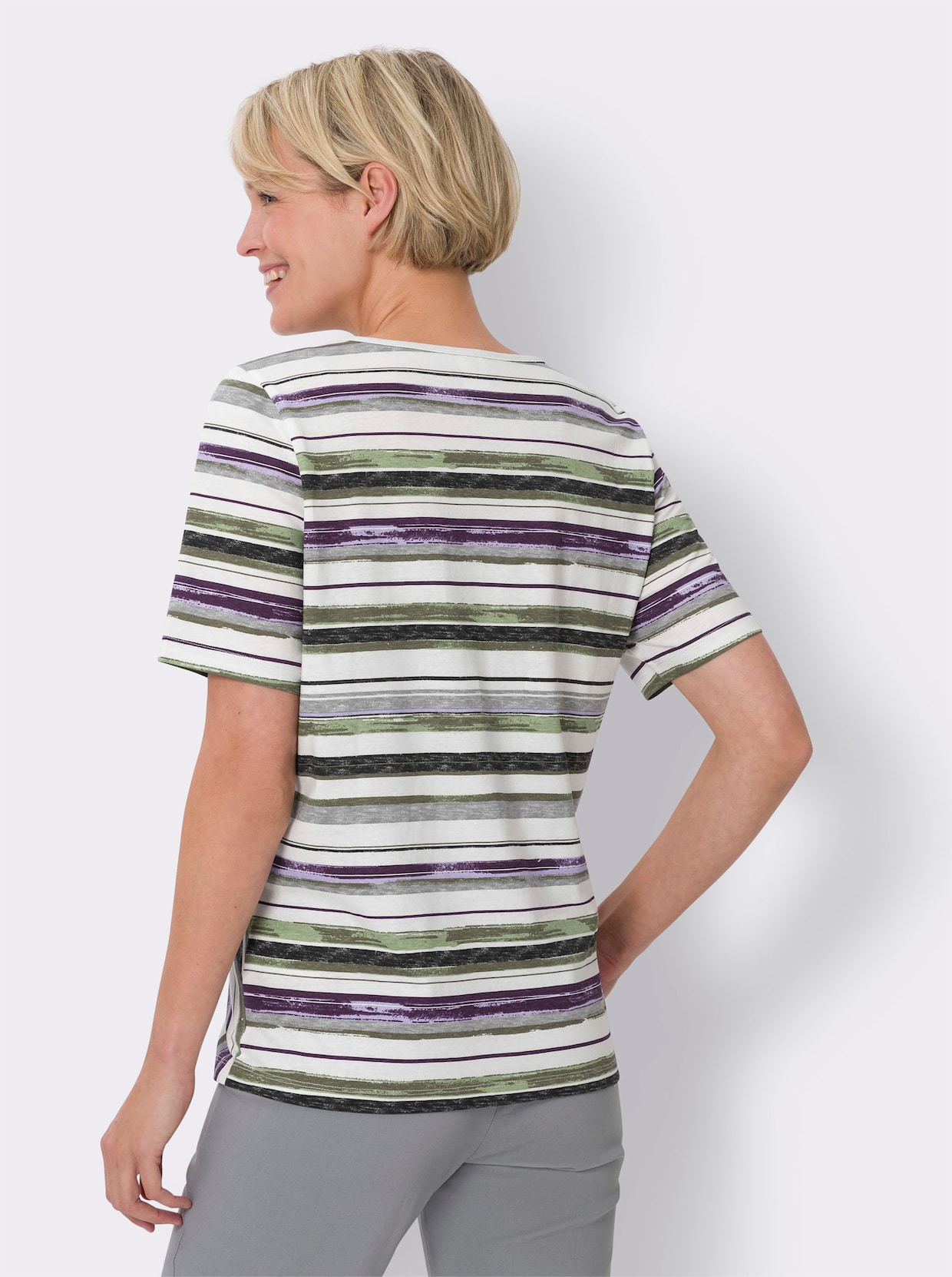 Tričko s krátkymi rukávmi - eukalyptová – -svetlobéžová pruhovaná