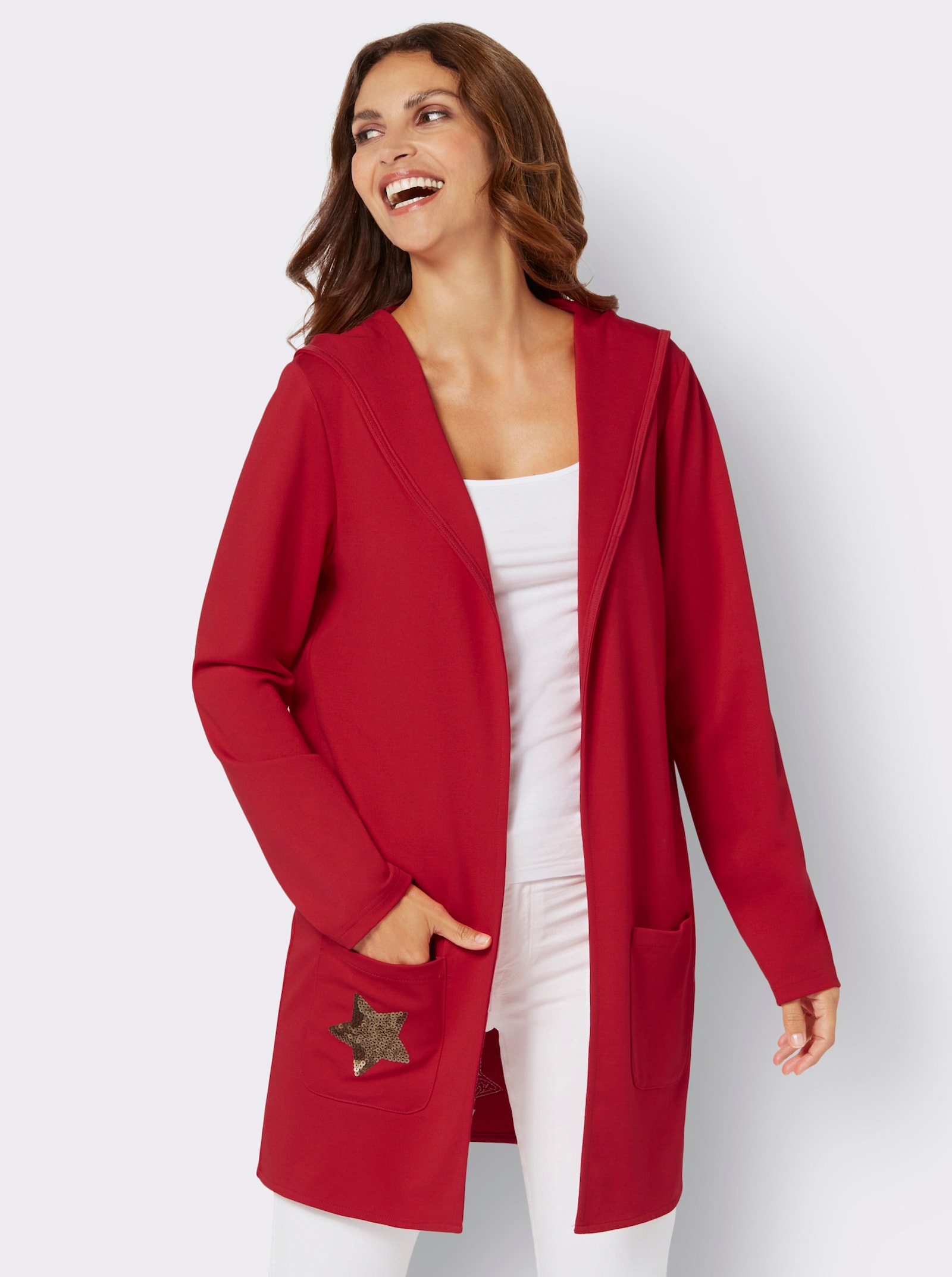 Shirtjacke mit Pailletten-Schriftzug hinten - rot
