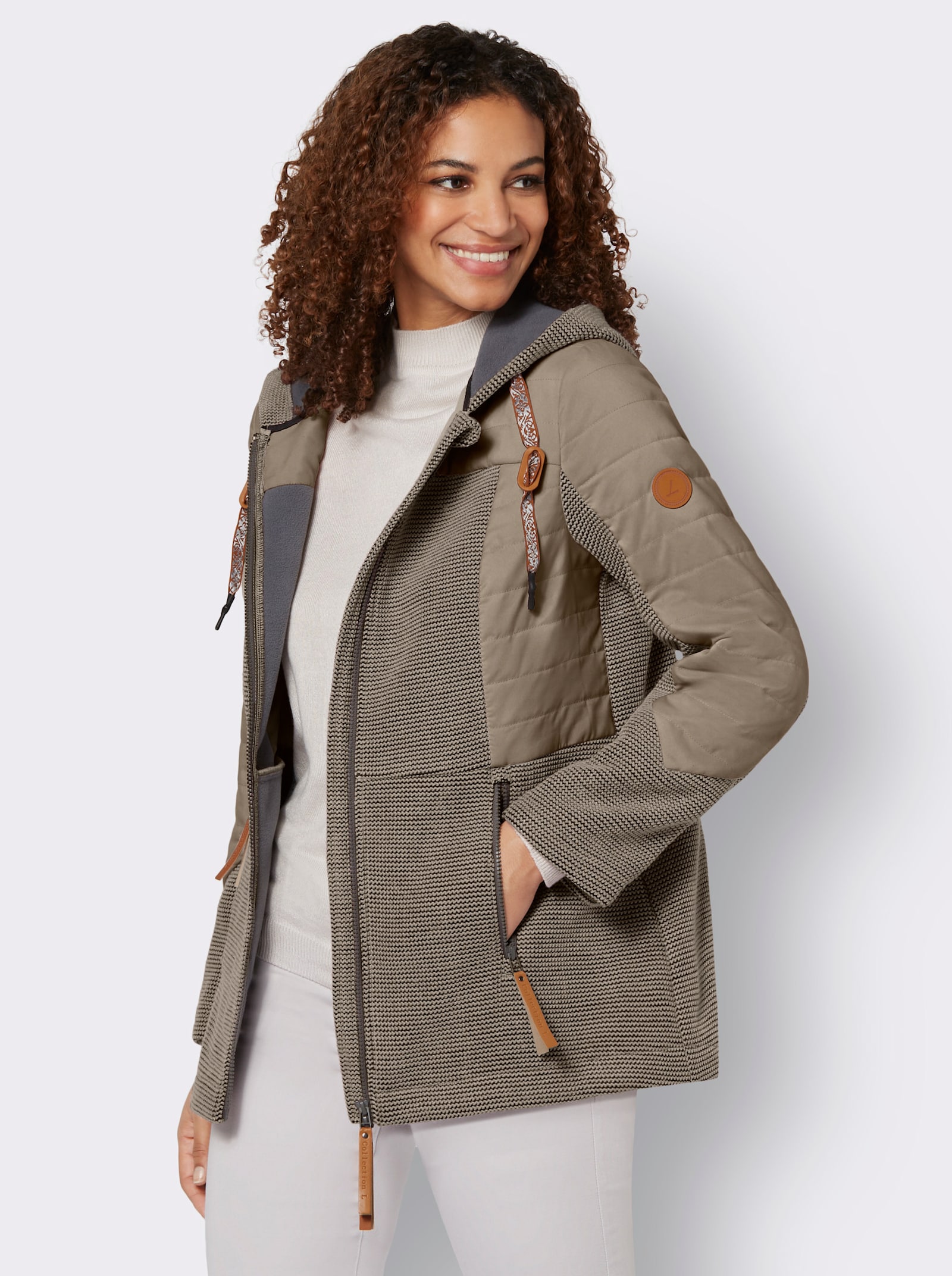 Übergangsjacke im Mix aus Fleece und Stepp - sesam