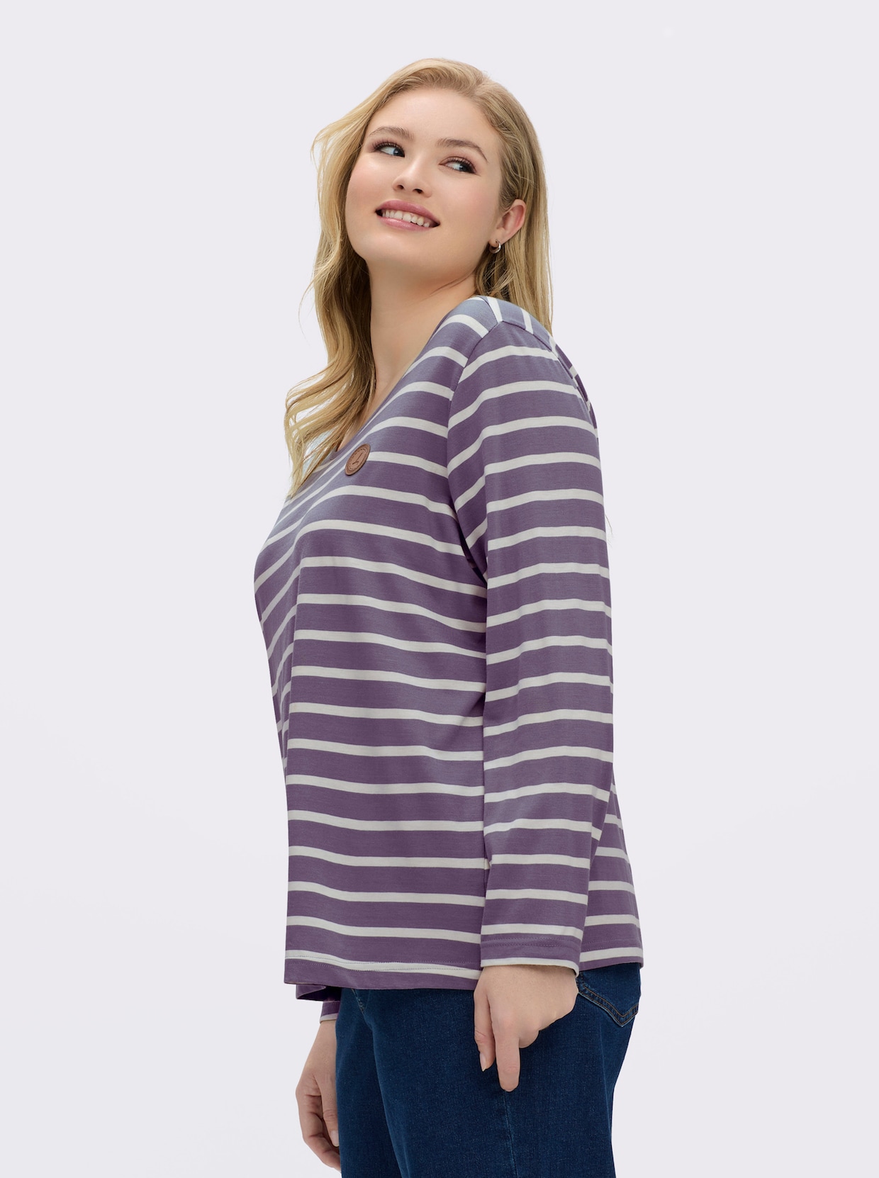 Ringelshirt mit Lederimitat-Patches - feige-ecru-gestreift