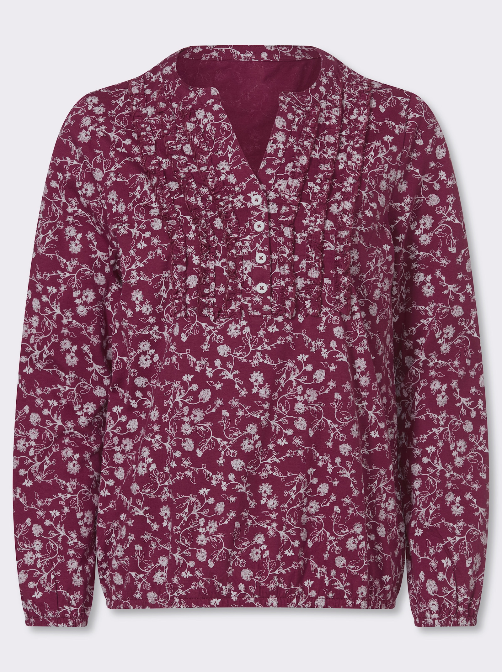 Langarmshirt mit Rüschen am Ausschnitt - bordeaux-ecru-bedruckt