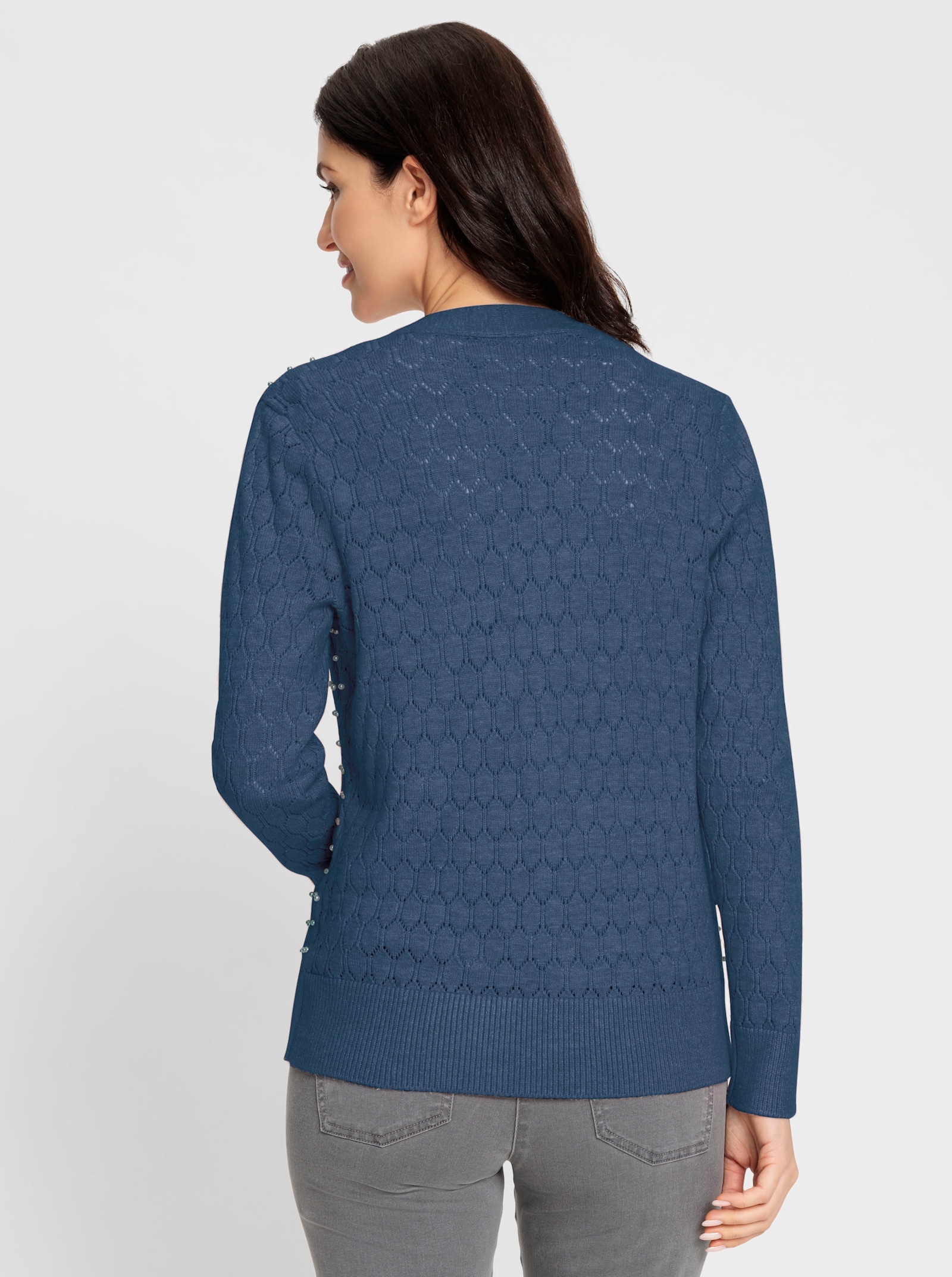 Ajourstrickjacke mit Zierperlen - rauchblau-meliert