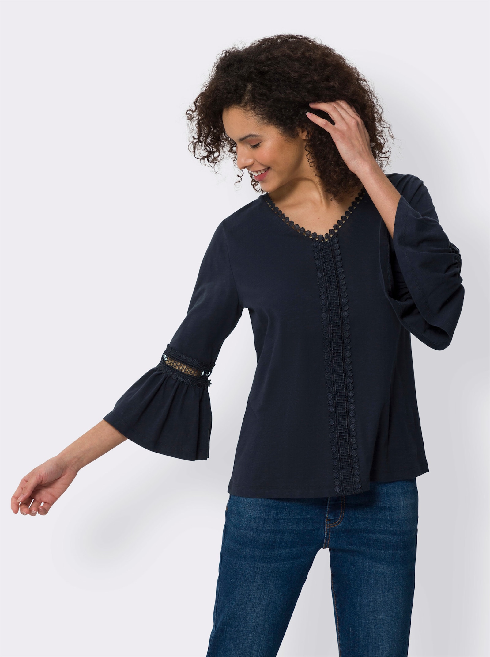 heine 3/4-Arm-Shirt mit Volants und Spitze - marine