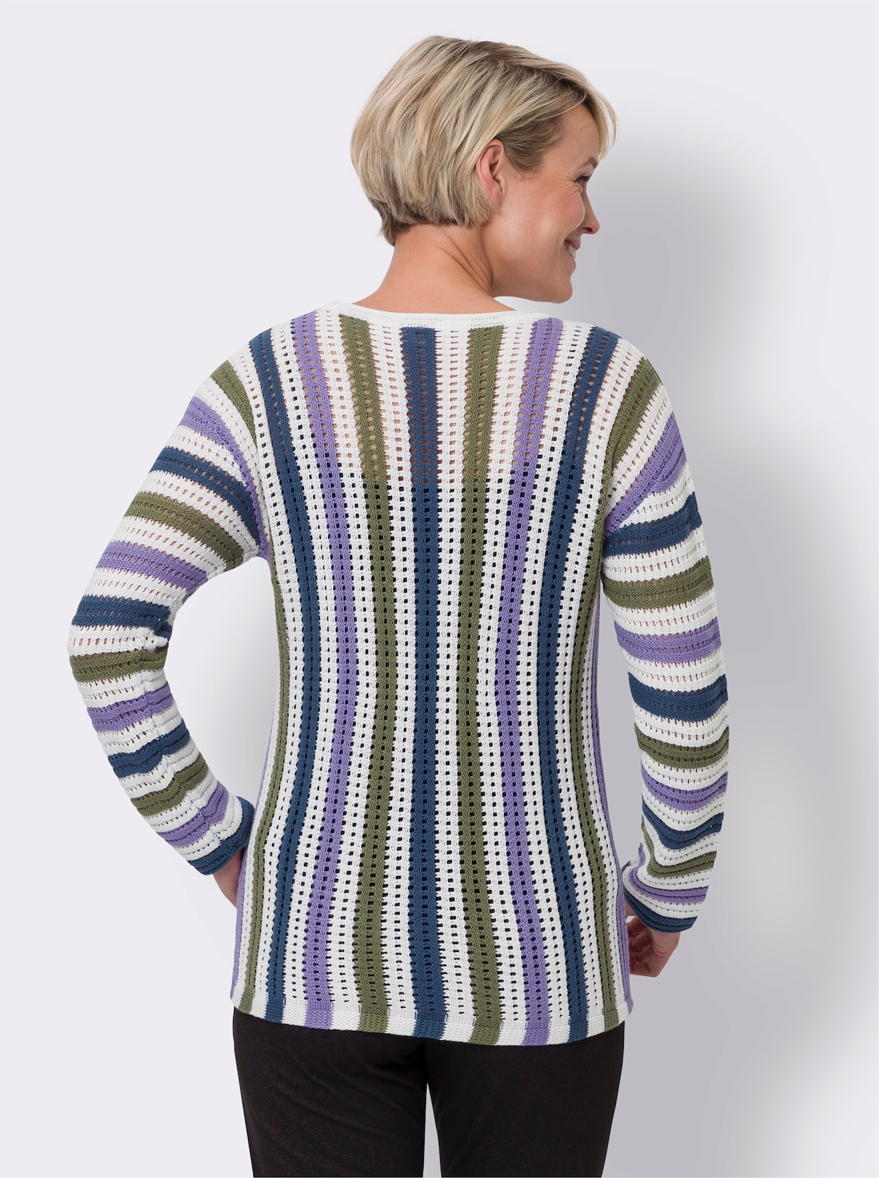 Ajourpullover - ecru-lavendel-gestreift