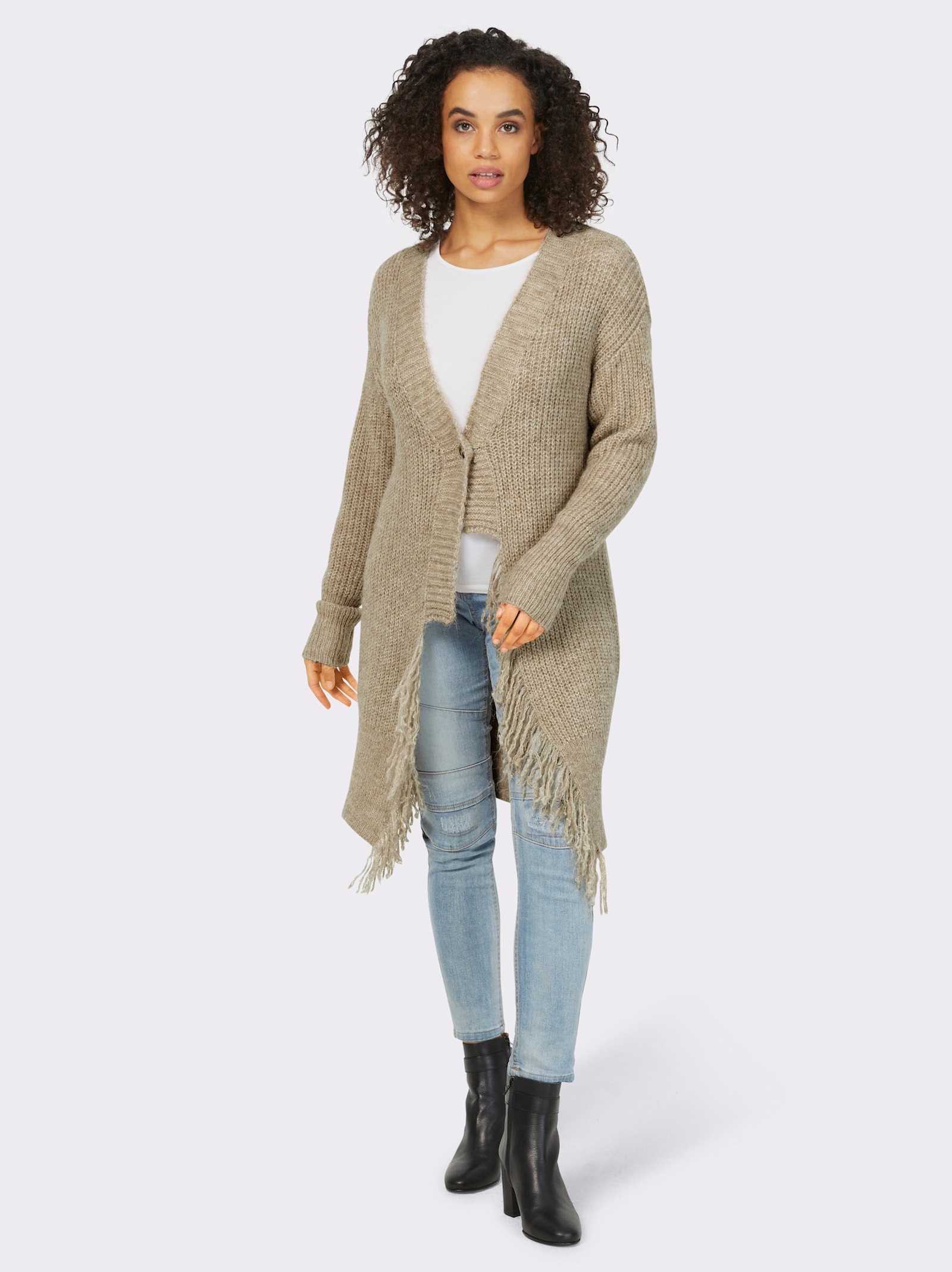 heine Strickjacke mit Fransen - sand-meliert