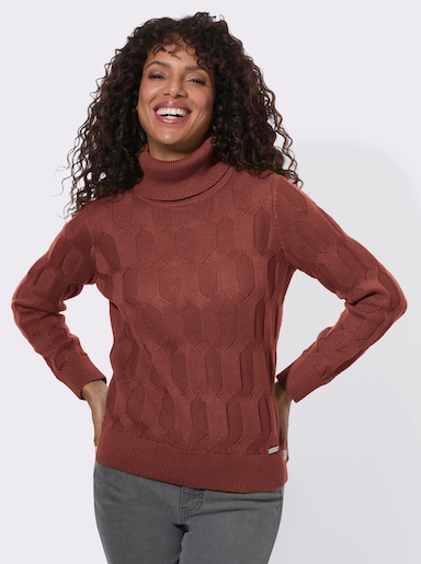 Rollkragenpullover mit Strickmuster - rotbraun