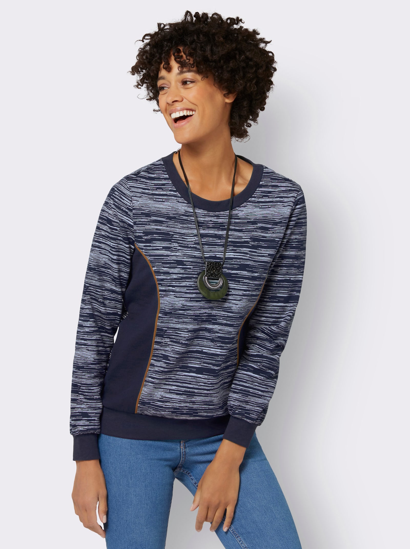 Sweatshirt mit Uni-Einsätzen - marine-ecru-bedruckt