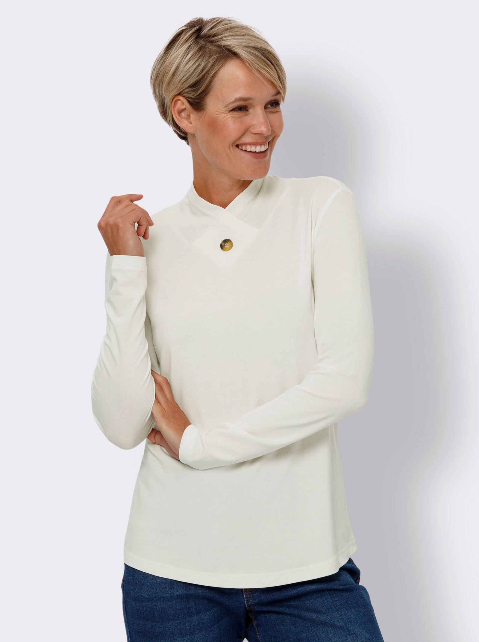 Shirt met lange mouwen van soepel viscose-stretchmateriaal - ecru