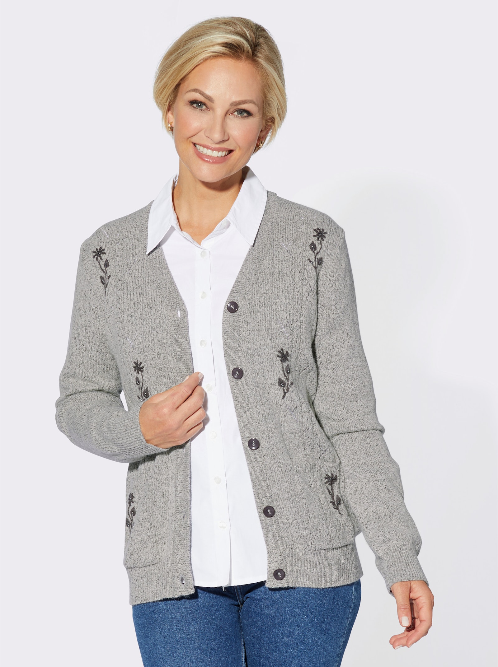 Cardigan mit Ajour-Muster - hellgrau-meliert