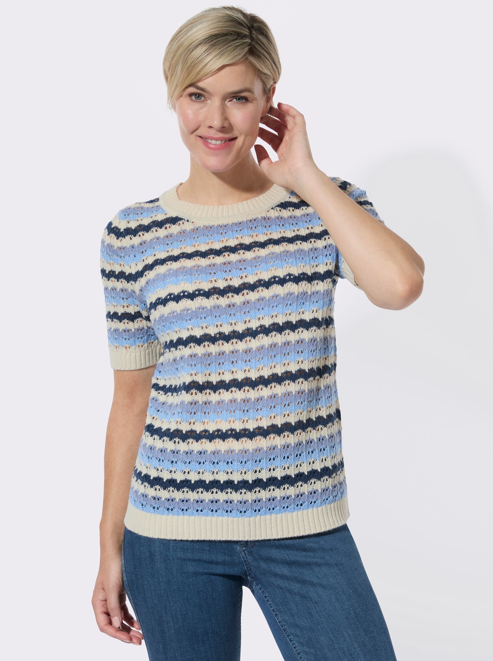 Ajourpullover mit Ringel-Muster - sand-dunkelblau-geringelt