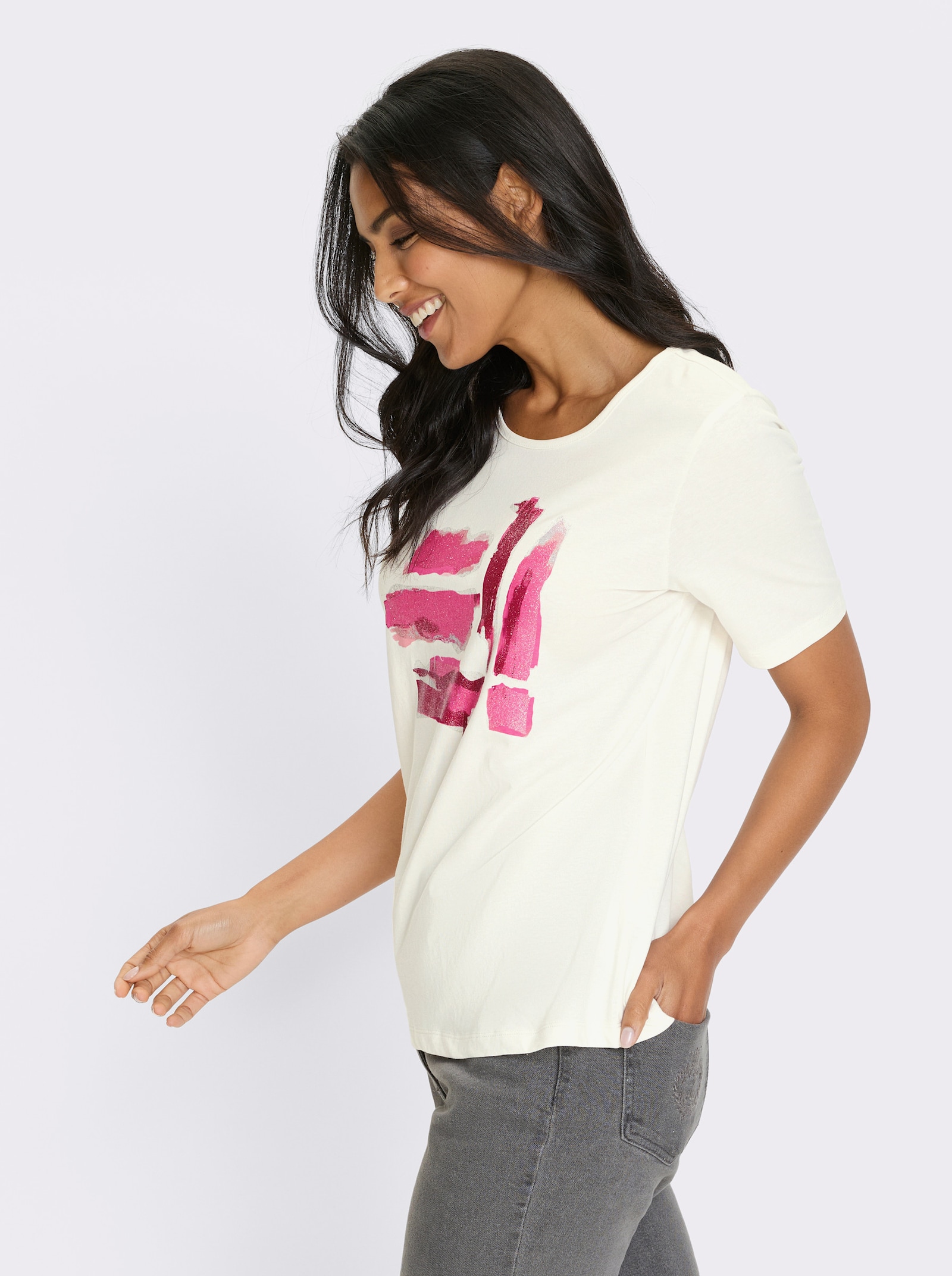 Kurzarmshirt mit silberfarbigen Akzenten - ecru-fuchsia