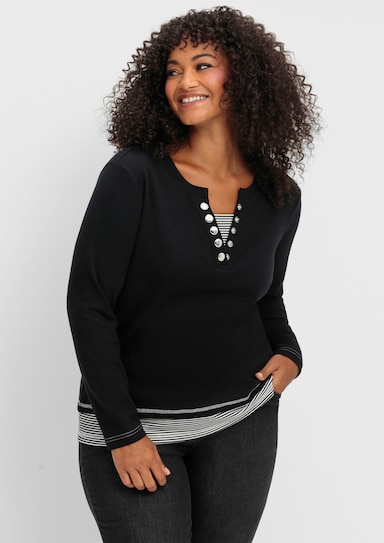 Rundhalsshirt mit gestreiften Einsätzen - schwarz-ecru-geringelt