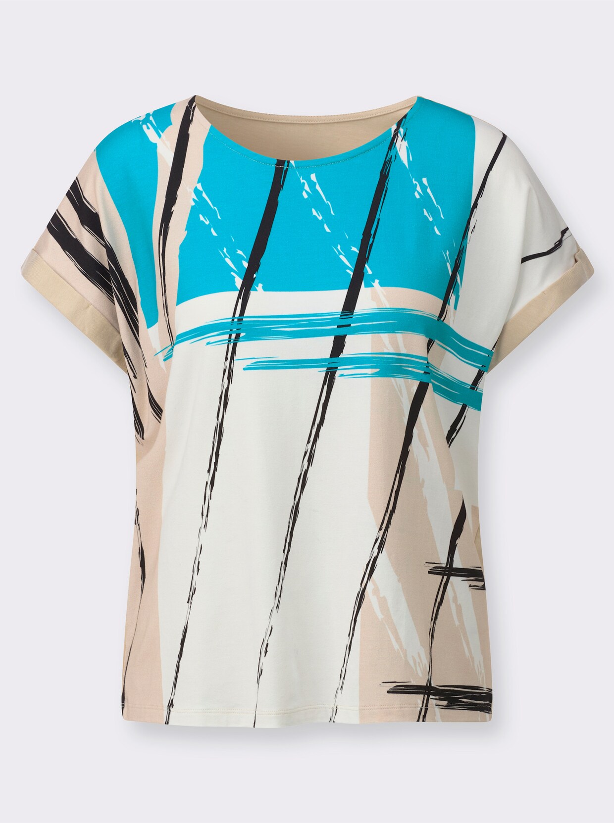 Print-Shirt mit überschnittenen Schultern - türkis-sand-bedruckt